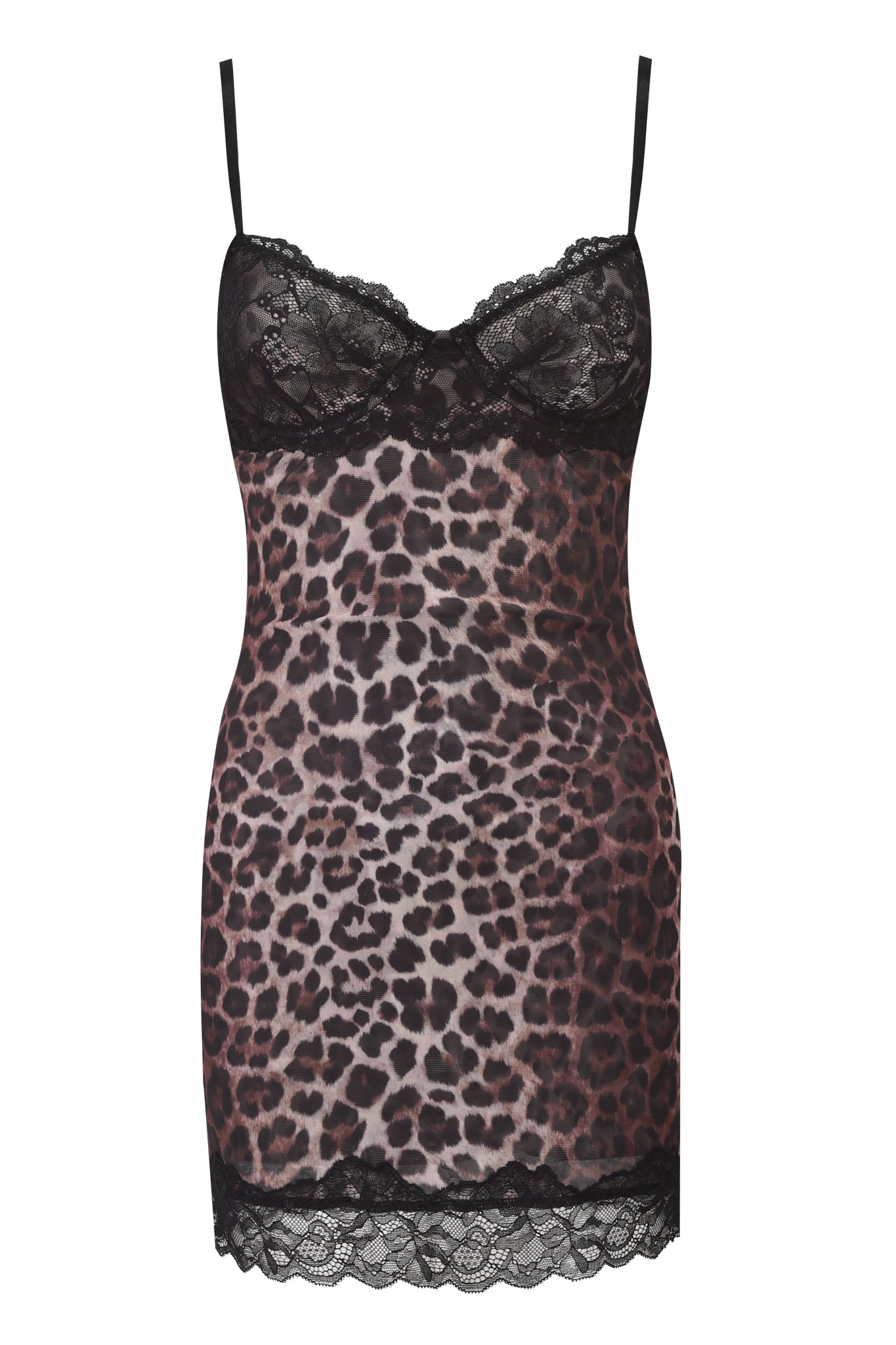 The I.AM.GIA CALYPSO MINI DRESS - LEOPARD is a sleeveless, fitted mini dress with thin straps, lace trim on the bust and hem, and semi-sheer leopard print fabric.