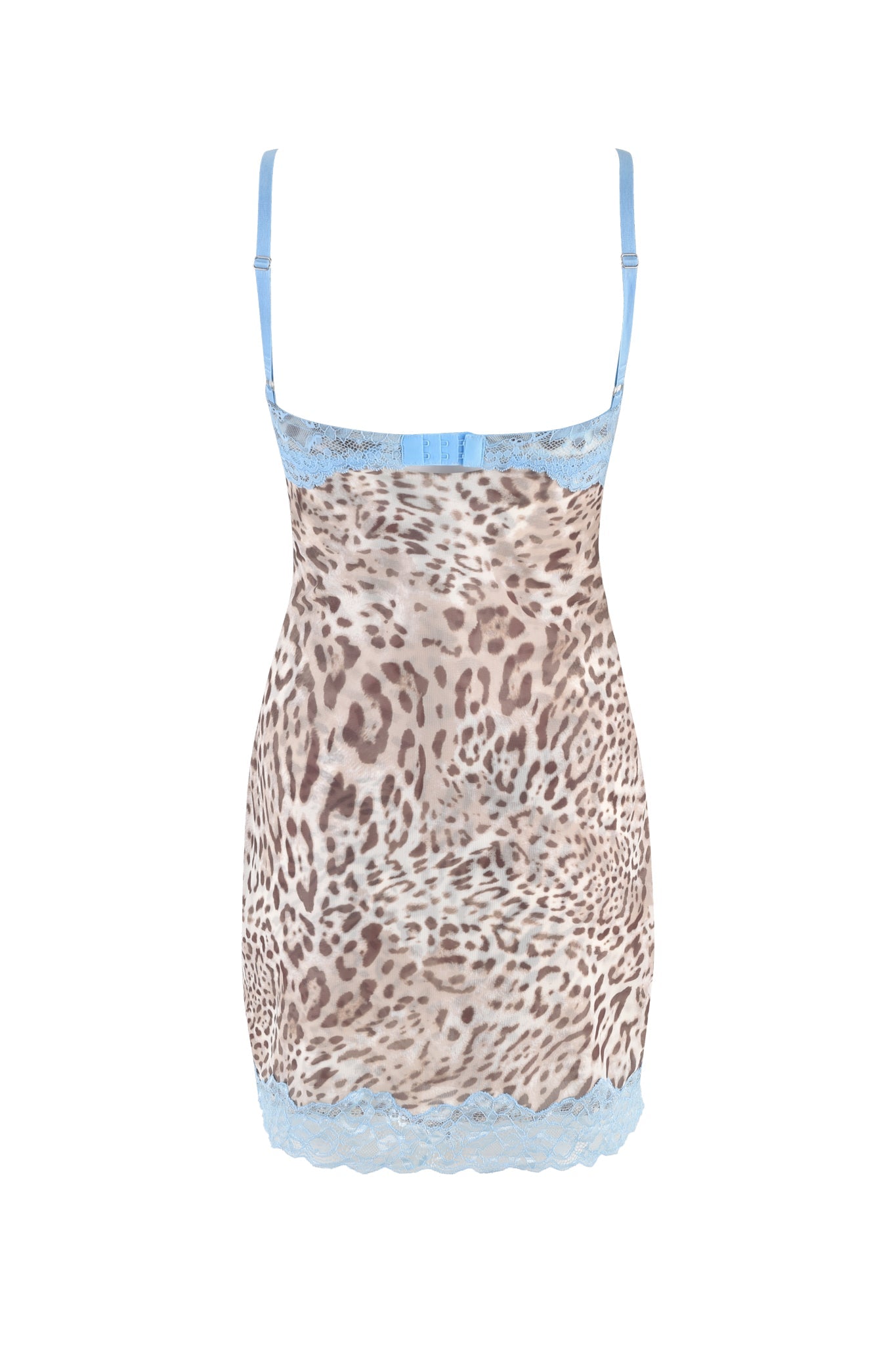 Introducing the CALYPSO MINI DRESS - NEUTRAL : LEOPARD LIMBO by I.AM.GIA: a striking piece featuring a warped leopard print with light blue lace trim and adjustable shoulder straps. This sleeveless bodycon silhouette exudes elegance and style against a plain white background.
