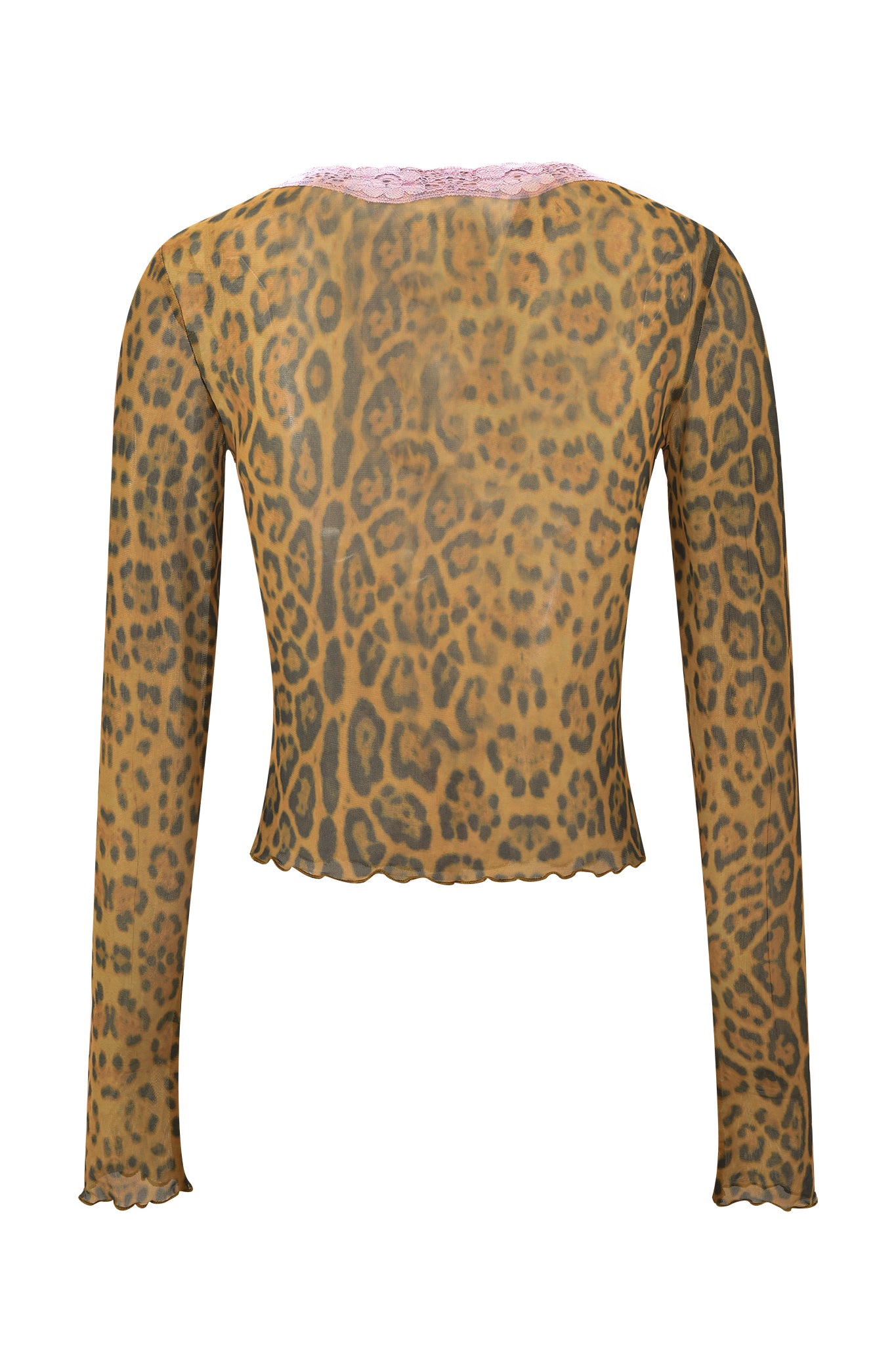 The I.AM.GIA TASHI TOP - PANTHERA is a long-sleeved, fitted top with a brown and black cheetah print, scalloped hem and cuffs, shown from the back.