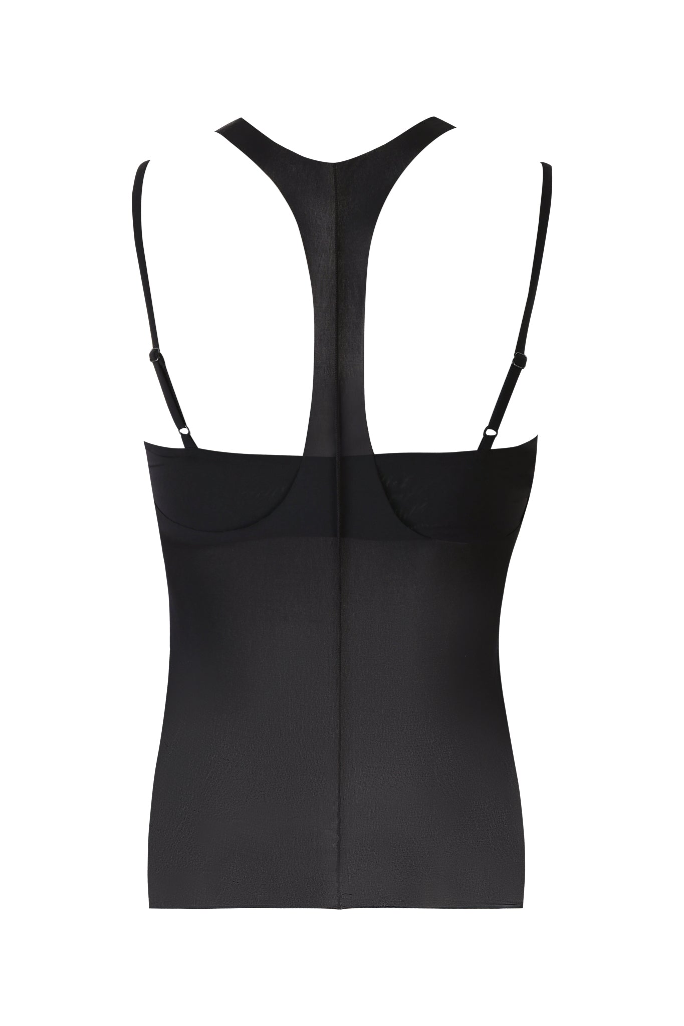 Close-up of the NERINA TOP - BLACK by I.AM.GIA, showcasing its sleek design. The black sleeveless tank top features a square neckline and thin shoulder straps. The fabric has a smooth texture with a slight sheen, complemented by subtle gathered details just below the neckline. The stretchy material suggests a bodycon fit, highlighting its form-fitting silhouette against the white background.