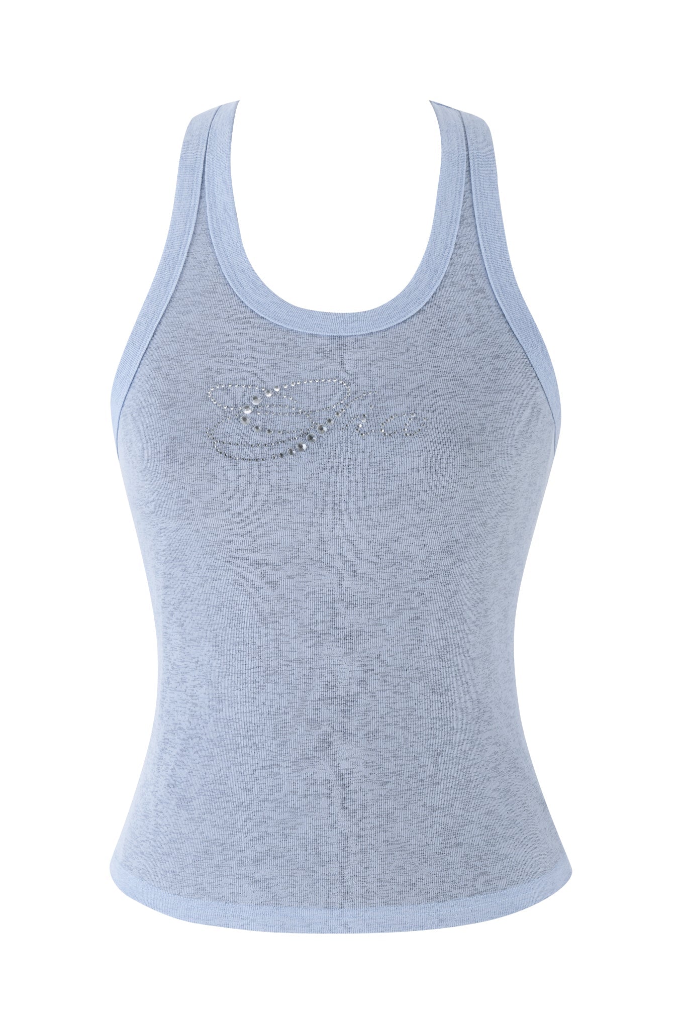 Baby blue sleeveless tank top by I.AM.GIA, featuring a ribbed texture and a rhinestone design on the front, similar to the stylish HURLEY TOP.