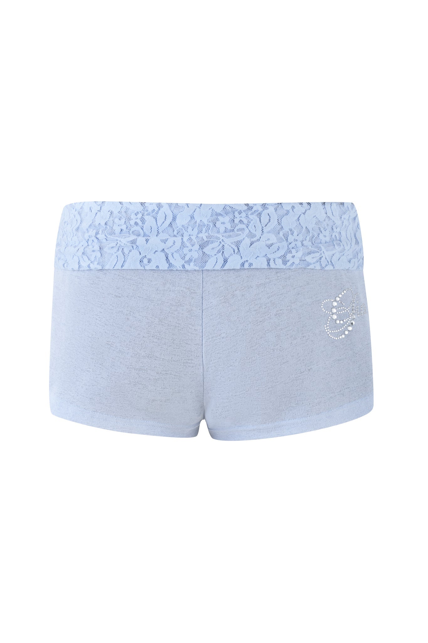 Check out the HURLEY SHORT in Baby Blue by I.AM.GIA, showcasing a delicate lace waistband and small rhinestone embellishments on the side, all in a chic micro mini length.