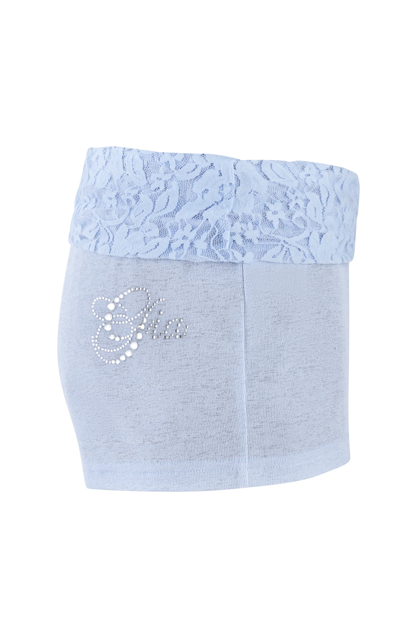 A baby blue maternity skirt from I.AM.GIA with a lace waistband adorned with a floral pattern. The side of the "Hurley Short" is embellished with rhinestones, adding a touch of sparkle to its elegant design.