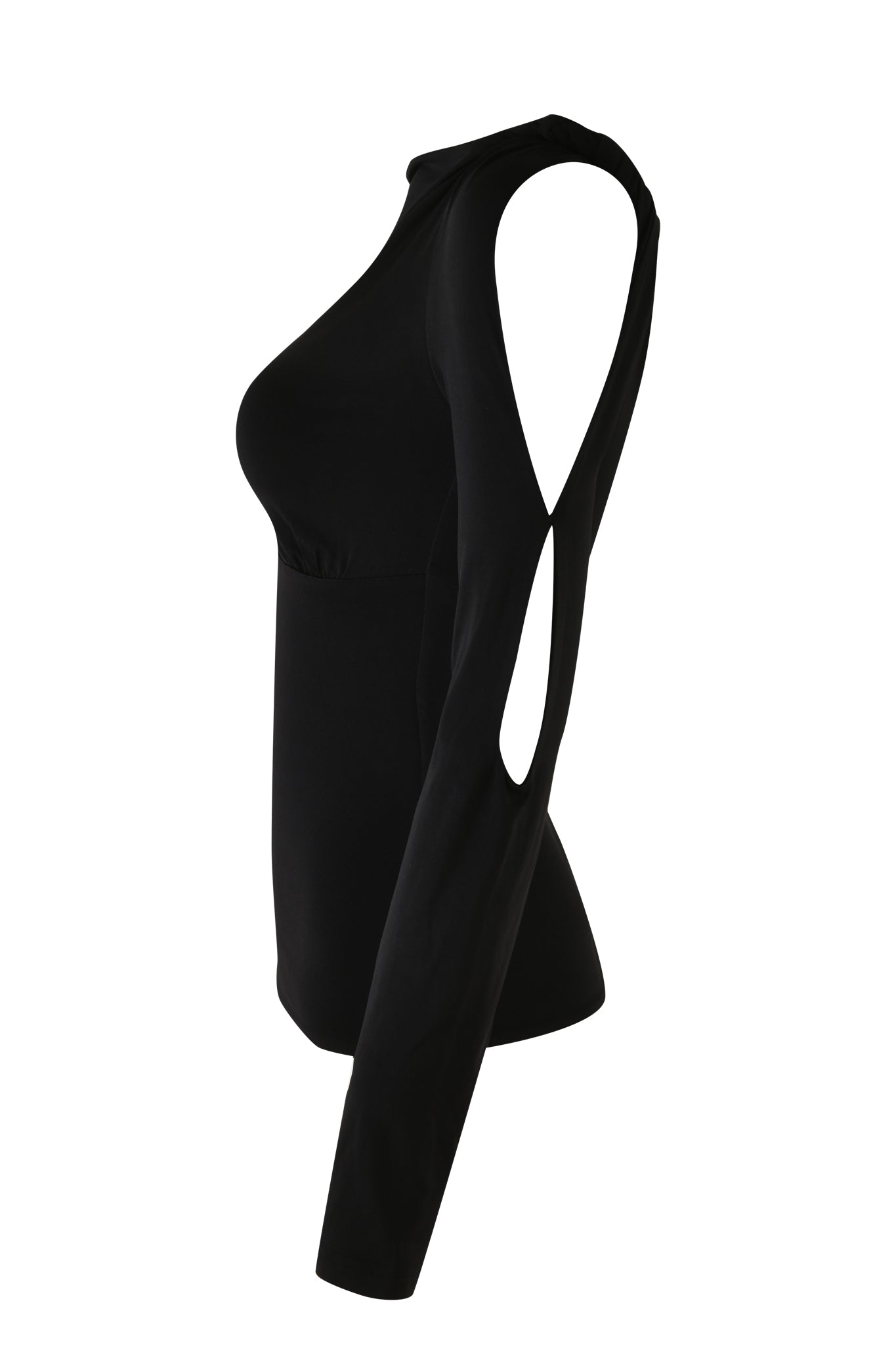 A side view of the black LORELAI TOP by I.AM.GIA showcases a distinctive cutout on the shoulder and sleeve, resulting in an open, asymmetrical design. This off-the-shoulder top offers a bodycon silhouette and is presented on a white background.