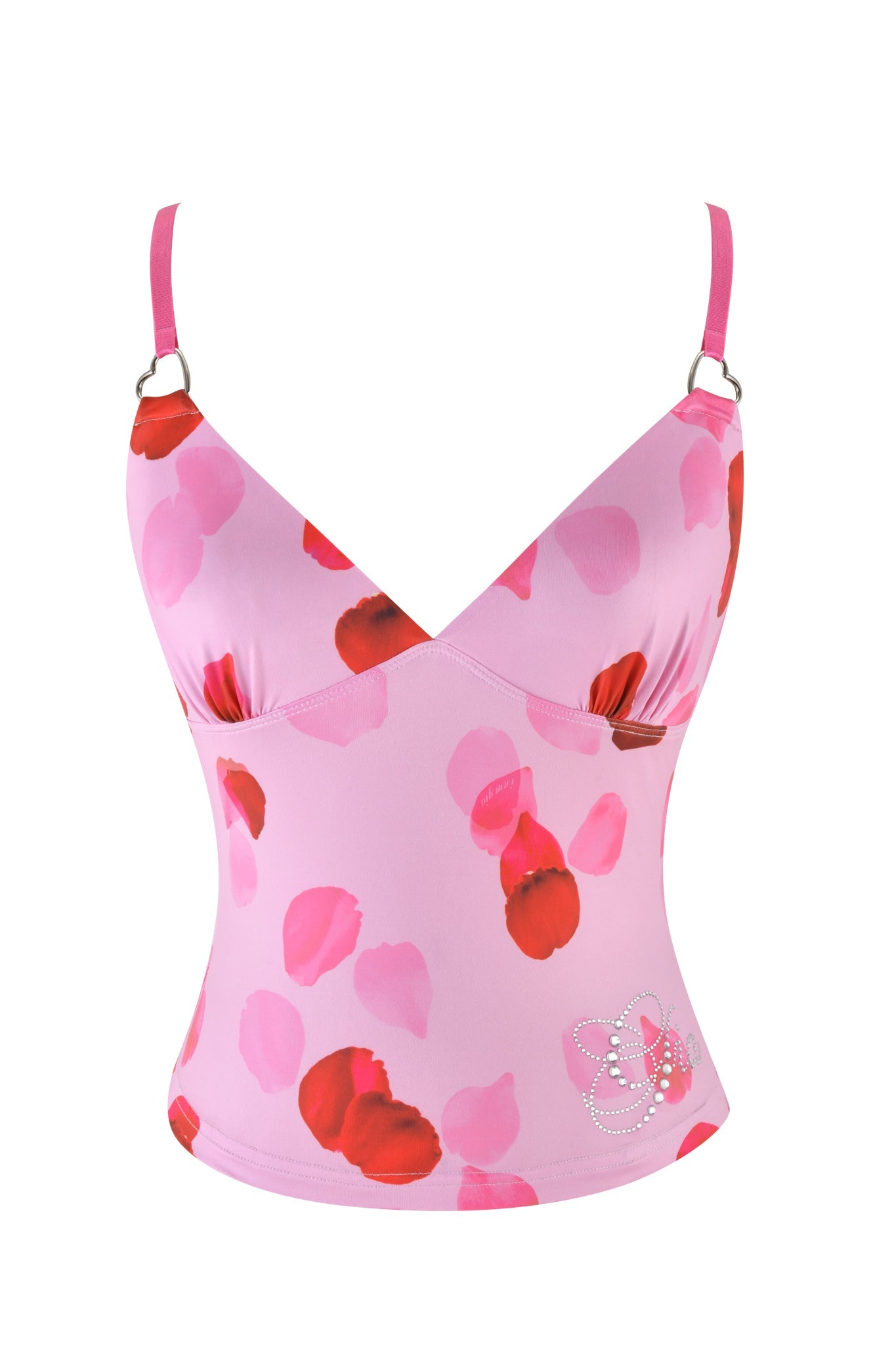 The I.AM.GIA ODETTA TOP - PINK: PRETTY PETAL is a camisole with spaghetti straps and a V-neckline, featuring a rose petal print. Custom diamantes embellish the floral design near the bottom hem, adding sparkle to this elegant piece.