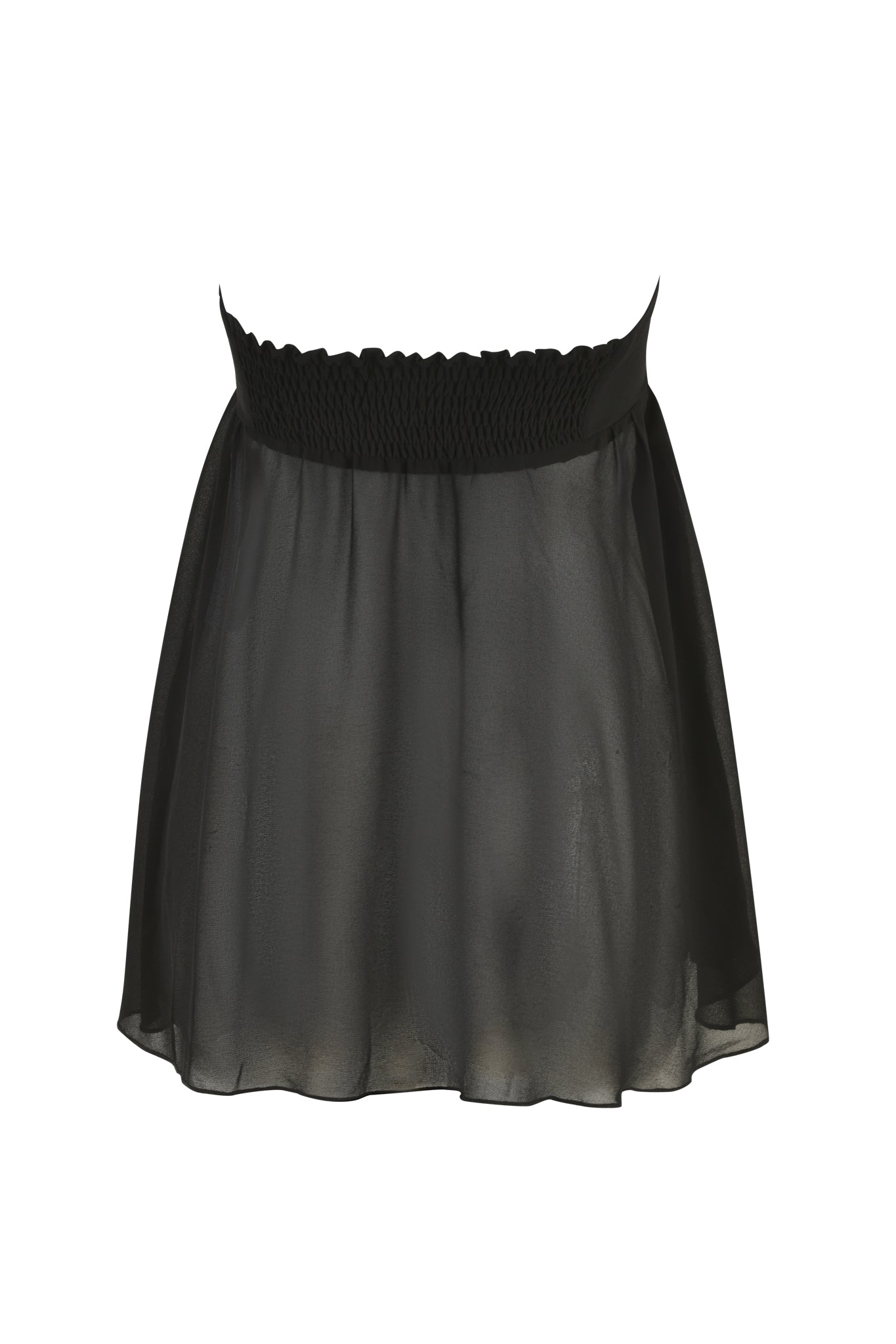 The JAYDA TOP - BLACK by I.AM.GIA features a charming and versatile design. It boasts an elastic, smocked waistband in a black chiffon material that is semi-sheer with a slightly flared silhouette. The fabric subtly allows light to penetrate, giving it an airy and elegant appearance, further enhanced by a delicate pink orchid embellishment at the hemline.