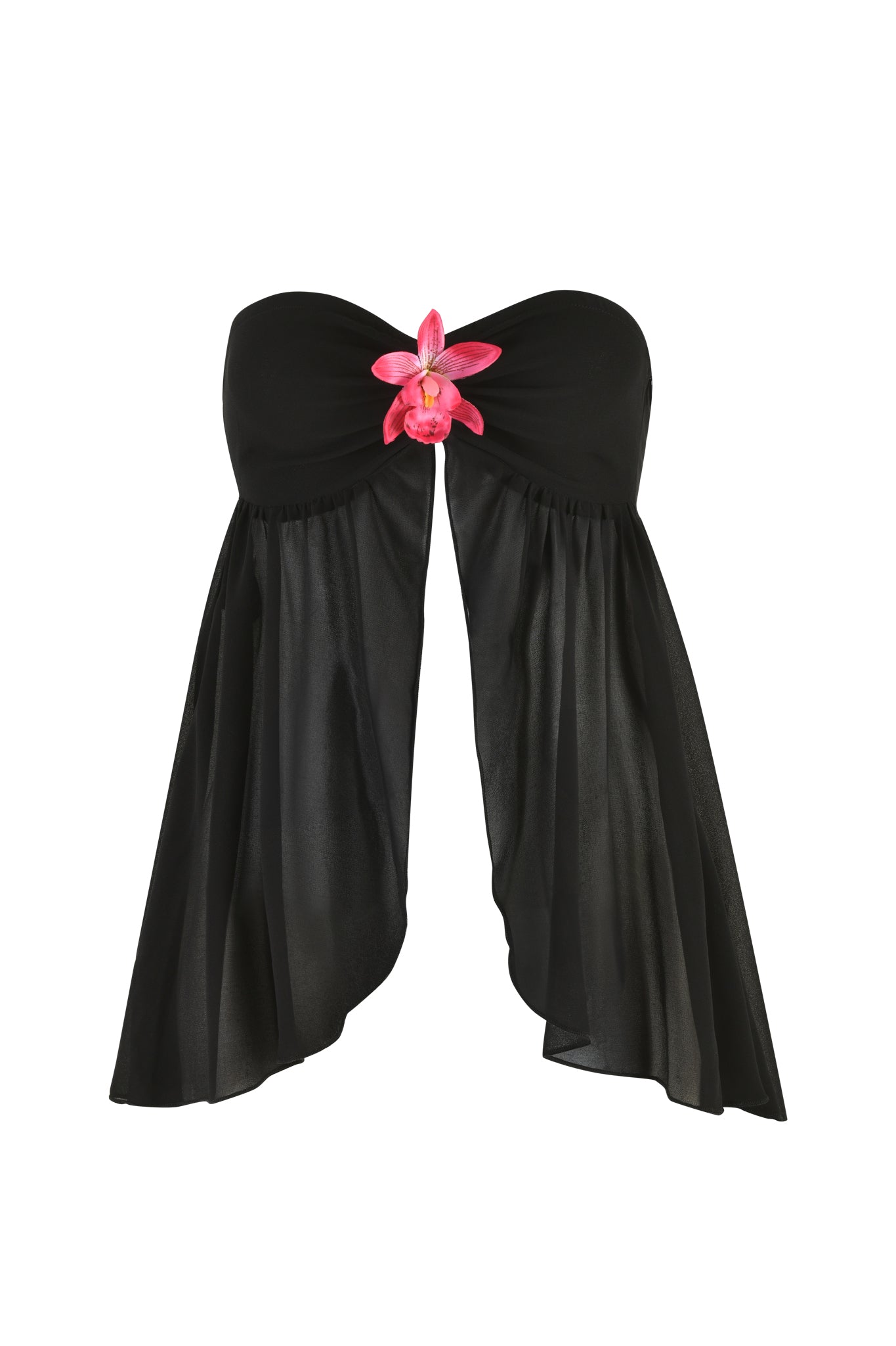 The JAYDA TOP - BLACK by I.AM.GIA is a Georgette strapless top with a sweetheart neckline and flowing side panels, adorned at the center with an eye-catching pink orchid embellishment.
