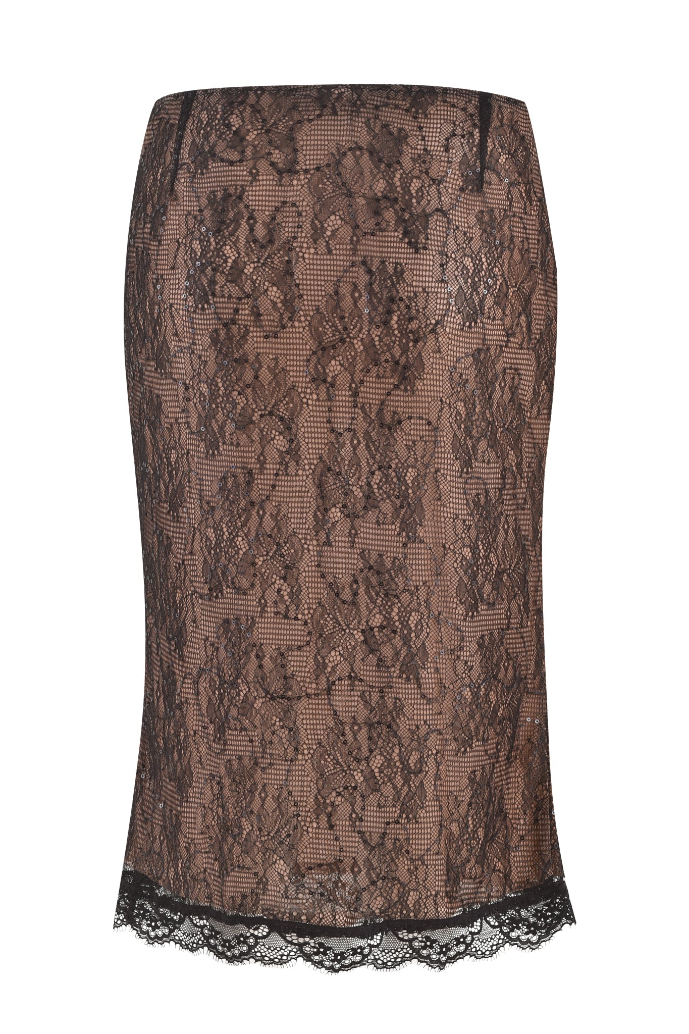 The BIJOU MIDI SKIRT - BLACK by I.AM.GIA is a mid-rise, knee-length pencil skirt featuring a black sparkle lace overlay with a nude underlayer. The intricate floral pattern on the lace and the delicate scalloped trim along the hemline add to its elegance. This midi pencil skirt flaunts a fitted silhouette for an effortlessly chic look.