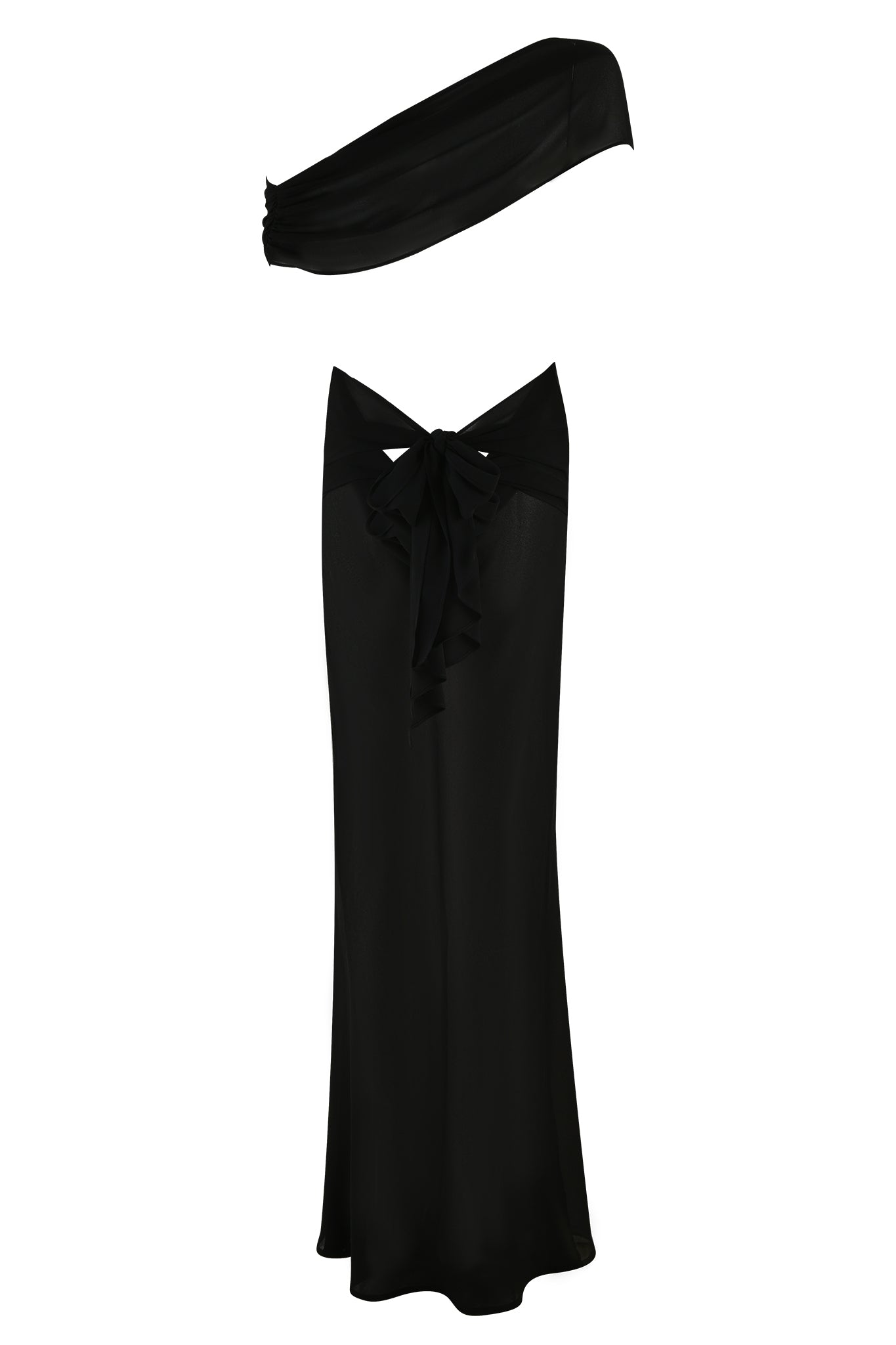 The KAHLO MAXI DRESS - BLACK by I.AM.GIA is a two-piece set with a strapless bandeau top and a high-waisted, flared georgette skirt featuring a front bow.