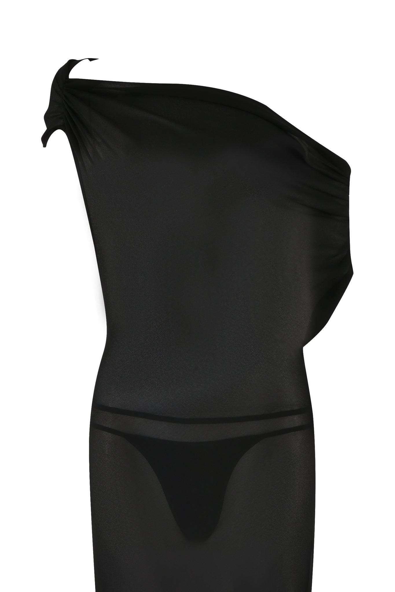 The KAHLO MAXI DRESS - BLACK by I.AM.GIA is a sheer, lightweight georgette one-shoulder maxi with side knot detail, displayed on a white background. Its backless, see-through design boldly reveals black undergarments.