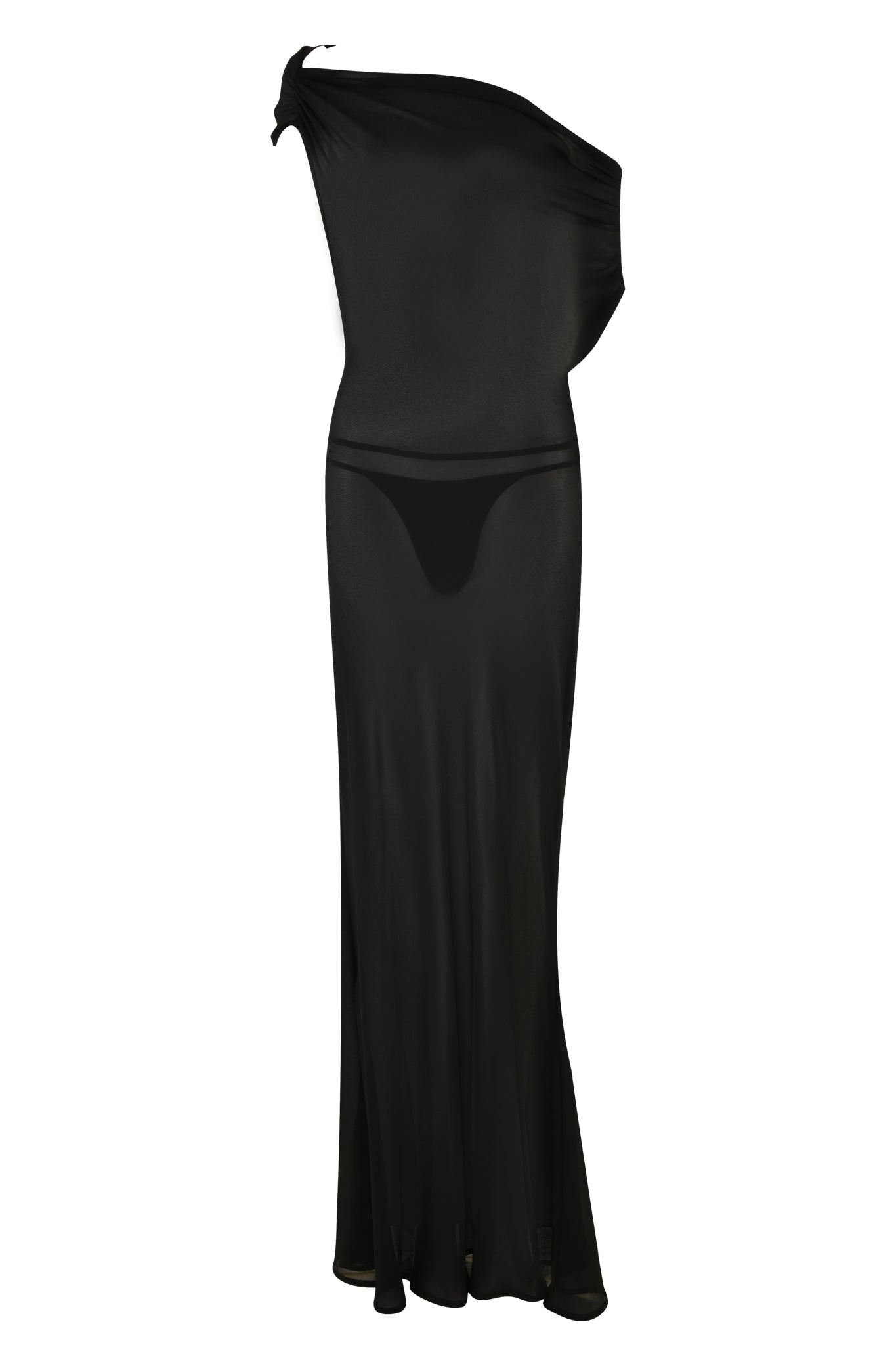The I.AM.GIA KAHLO MAXI DRESS in black is a fitted, one-shoulder georgette dress with an asymmetrical neckline and sheer fabric that subtly reveals matching undergarments.