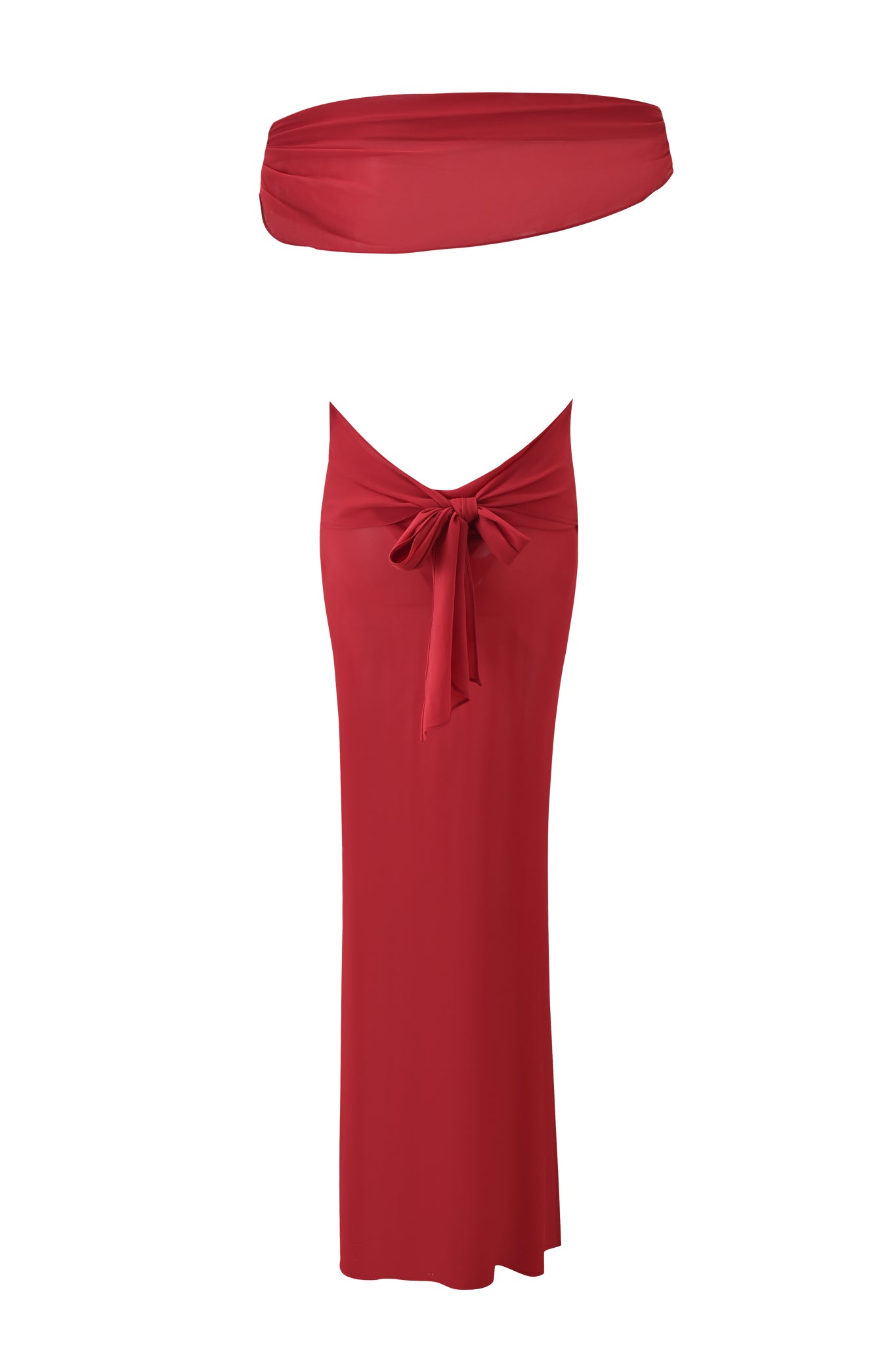 The KAHLO MAXI DRESS in red by I.AM.GIA features a chic strapless bandeau top and a long, fitted skirt with a waist tie, inspired by the elegance of an off-the-shoulder maxi dress.