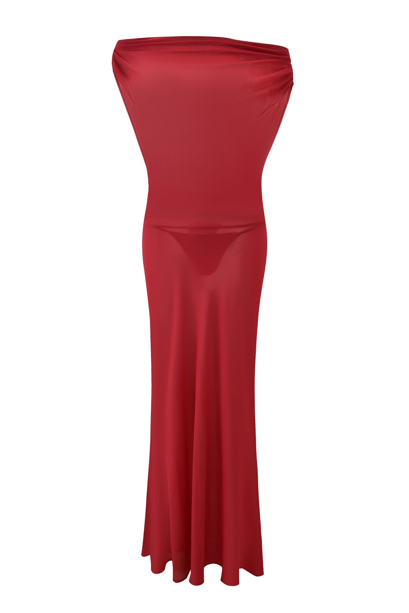 The I.AM.GIA KAHLO MAXI DRESS - RED is a strapless, floor-length satin dress with a fitted silhouette and subtle draping at the top and hem, inspired by the elegance of a red off-the-shoulder maxi.