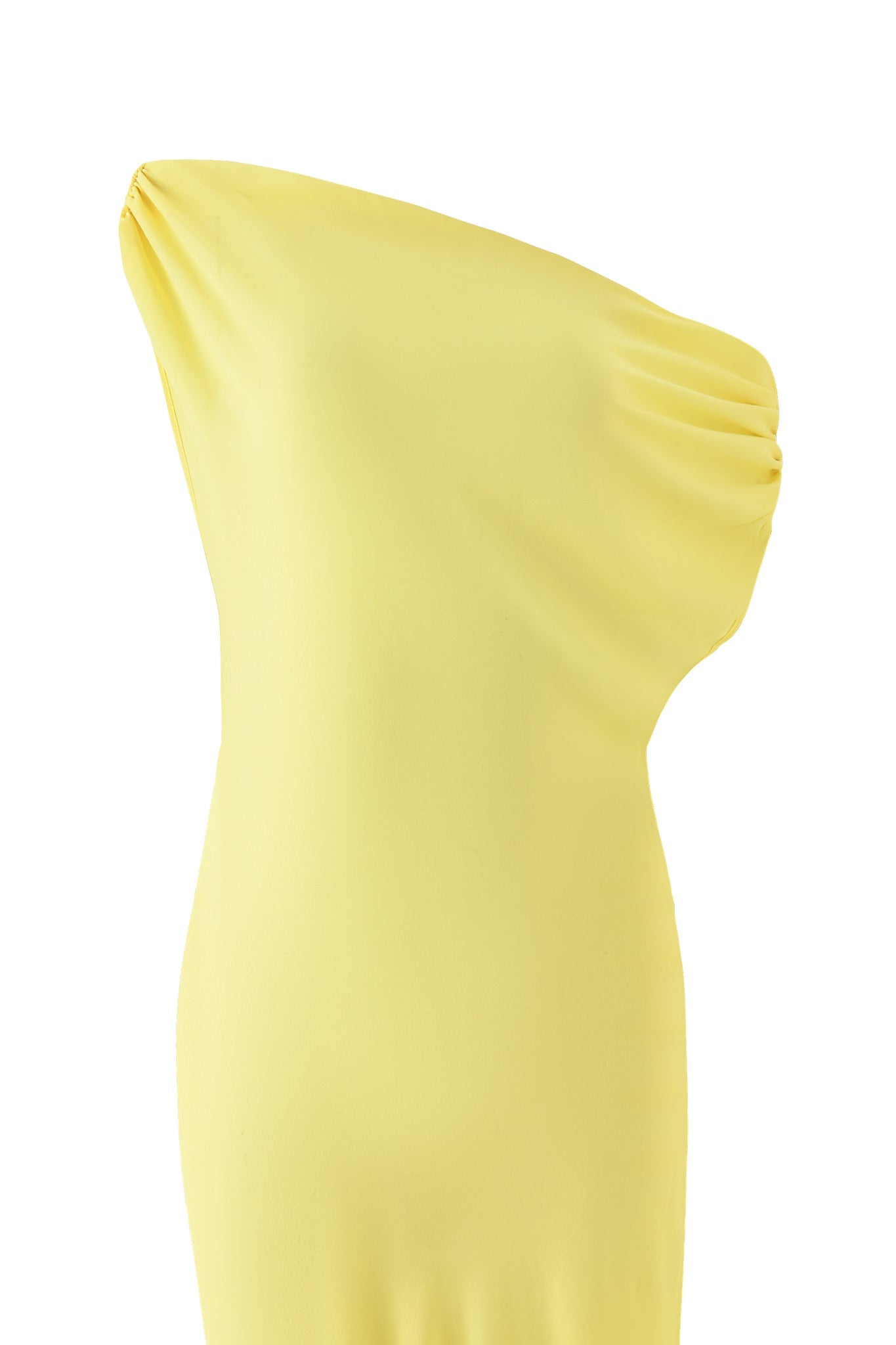 The I.AM.GIA KAHLO Maxi Dress in yellow is a sleeveless, one-shoulder georgette dress with a smooth, fitted silhouette and gentle gathering at the shoulder, shown on a white background.