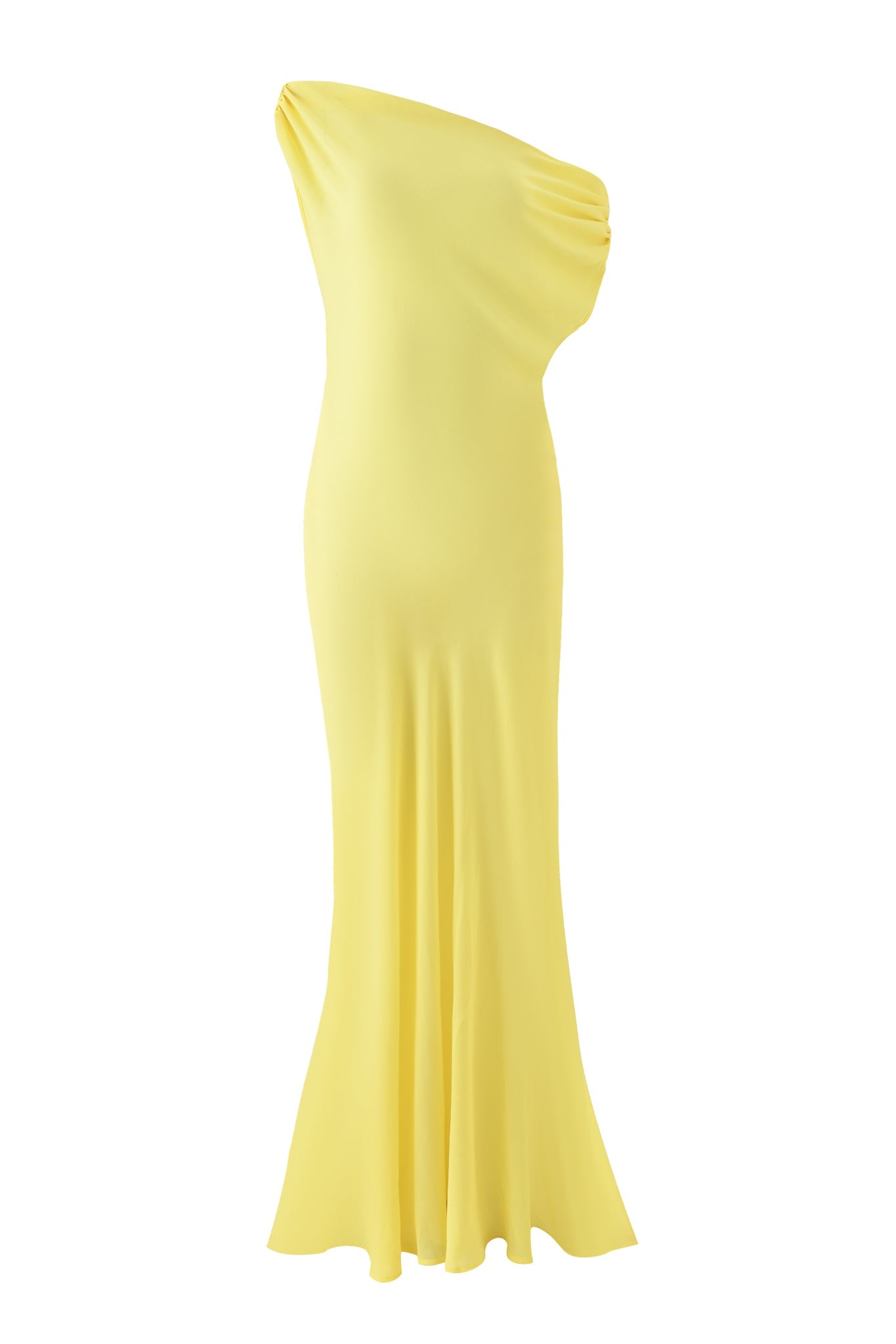 The KAHLO MAXI DRESS - YELLOW by I.AM.GIA is a long, elegant off-the-shoulder georgette dress with a single sleeve, fitted silhouette, and flared hem for graceful movement.