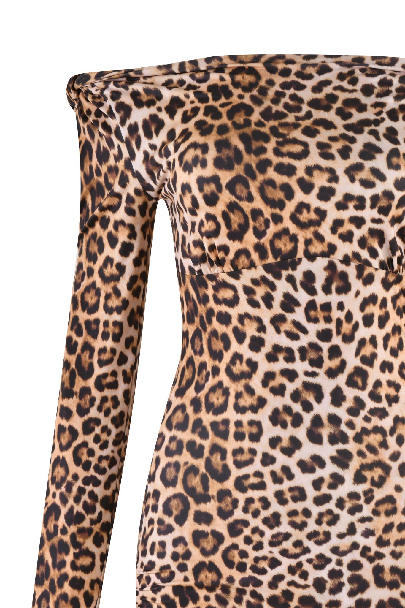 Close-up view of the Lorelai Mini Dress - Neutral: Leopard by I.AM.GIA. This long-sleeve, off-the-shoulder dress sports a bold leopard print pattern featuring brown and black spots on a light tan background. The bodycon silhouette accentuates your contours for a striking look.