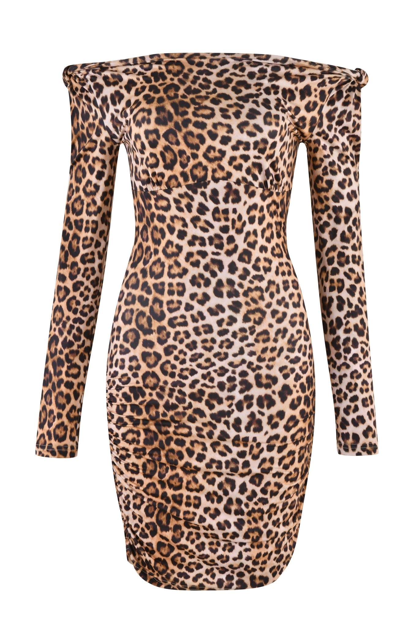 Close-up view of the Lorelai Mini Dress - Neutral: Leopard by I.AM.GIA. This long-sleeve, off-the-shoulder dress sports a bold leopard print pattern featuring brown and black spots on a light tan background. The bodycon silhouette accentuates your contours for a striking look.