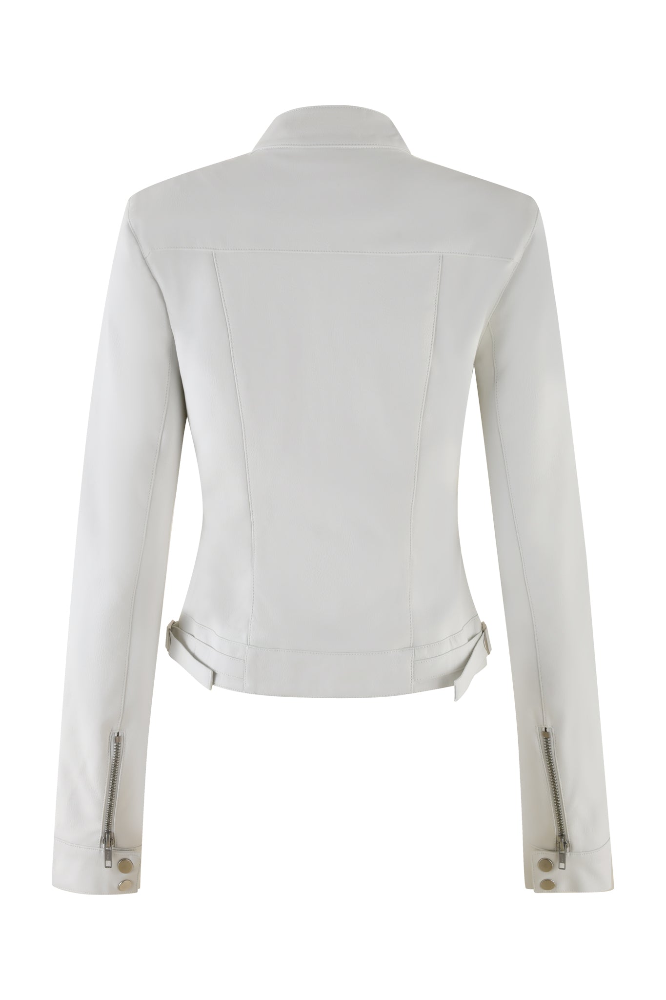 The image showcases the back view of the EVERETTE JACKET - WHITE by I.AM.GIA. This sleek faux leather jacket features long sleeves, zipper detailing on the cuffs, and an adjustable belt at the waist. It boasts a structured, tailored fit with smooth, clean lines, embodying a classic moto style jacket.