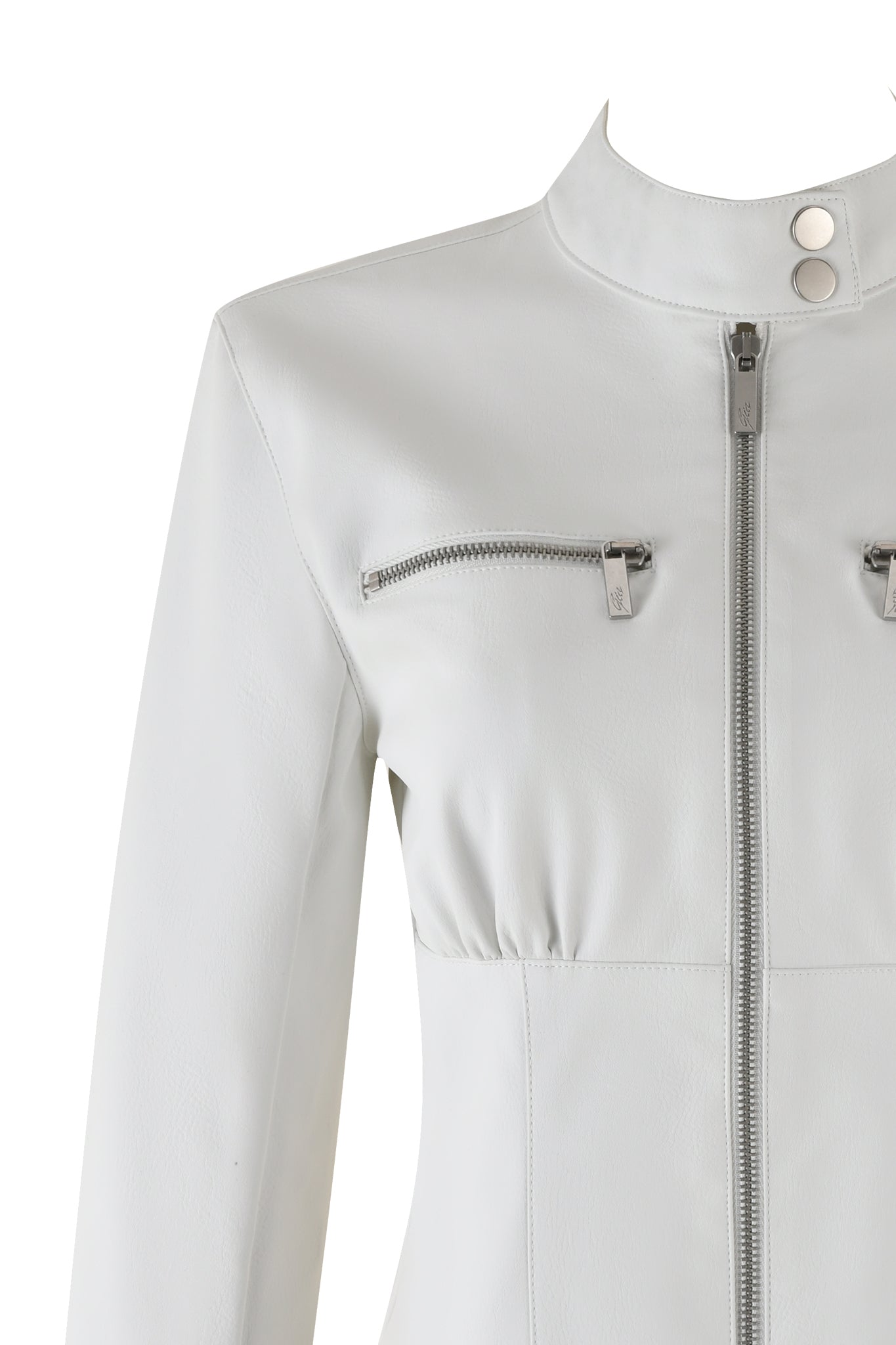 Close-up of the EVERETTE JACKET - WHITE by I.AM.GIA showcasing a front zipper closure, high collar with two snap buttons, and two horizontal zippered chest pockets. This faux leather jacket has a sleek, minimalist design with a fitted silhouette that adds a touch of moto style.
