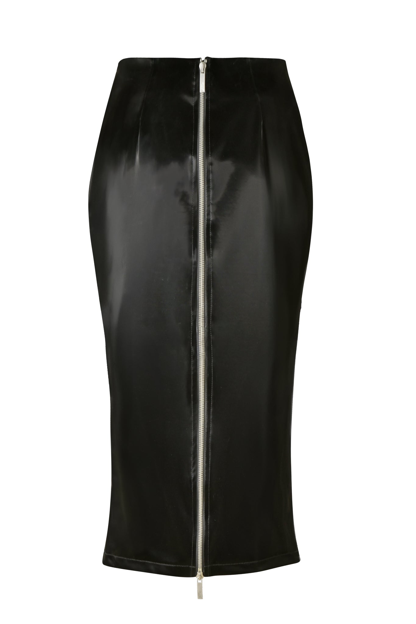 Introducing the CARMEN PENCIL SKIRT - BLACK by I.AM.GIA: a sleek, high-waisted skirt crafted from faux leather, featuring a prominent silver zipper running down the front from waist to hemline. Designed with a fitted silhouette, this garment beautifully highlights its elegant and edgy design.