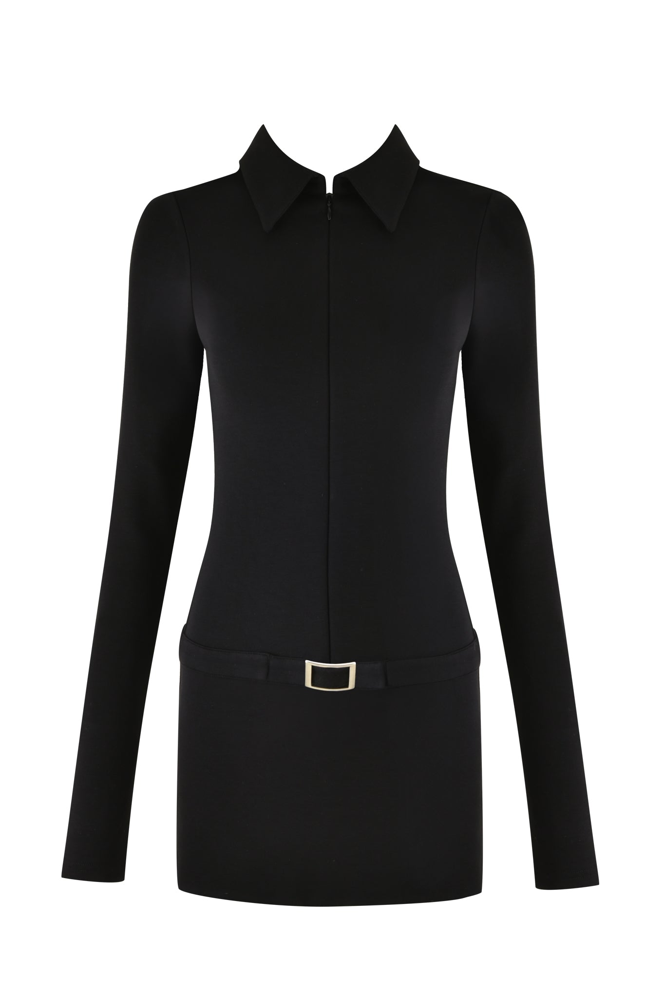 A close-up of the TASMIN MINI DRESS - BLACK by I.AM.GIA, showcasing its black, long-sleeved bodycon silhouette with a high collar. The image emphasizes the upper torso and arms, featuring a center front zipper running down the middle. The background is plain and white.