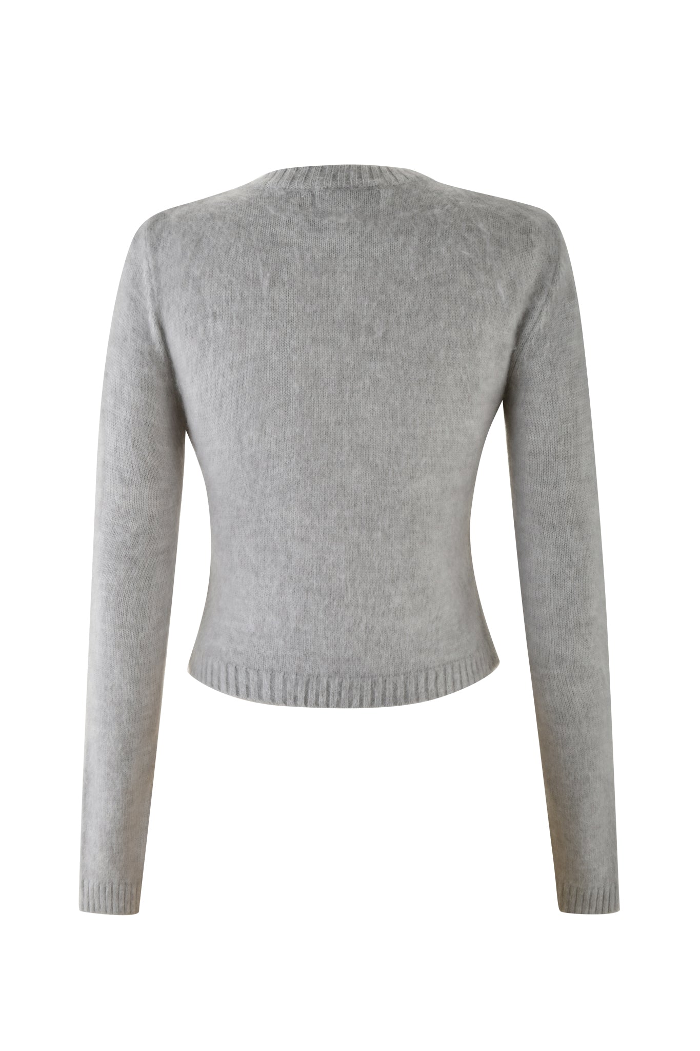 A back view of the I.AM.GIA BEATRIZ SWEATER in Grey Marle showcases its classic design featuring ribbed cuffs and hem, a slightly fitted silhouette, cozy fabric, and an asymmetrical hem for added flair.