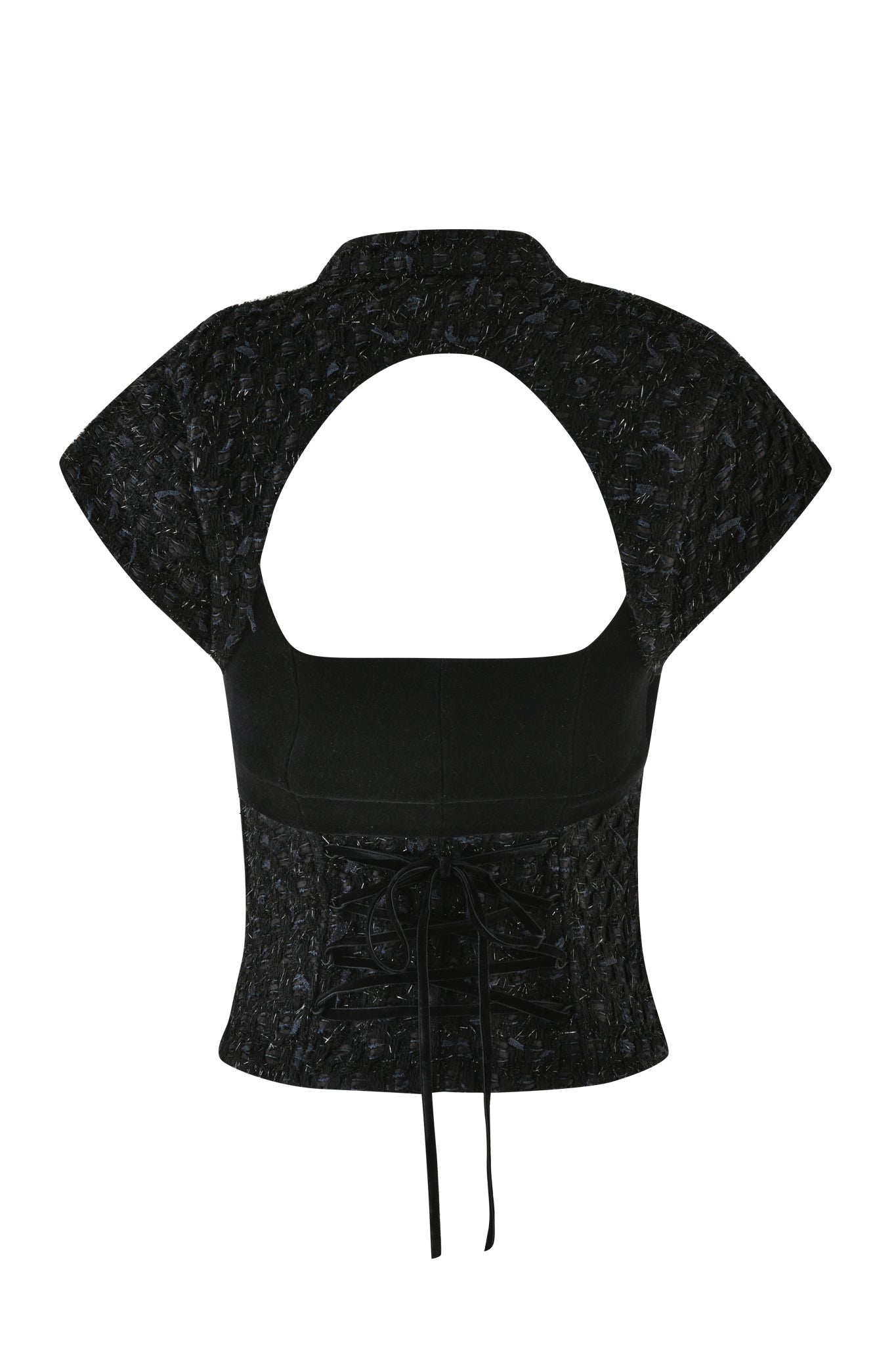 Introducing the SAFFRON 3 PIECE CORSET - BLACK by I.AM.GIA: This striking black short-sleeved top showcases a high collar and an alluring open back design. Reminiscent of a bralette, the top features textured boucle fabric with intricate laced-up detailing at the lower back. The overall aesthetic is both structured and form-fitting, perfect for making a bold fashion statement.