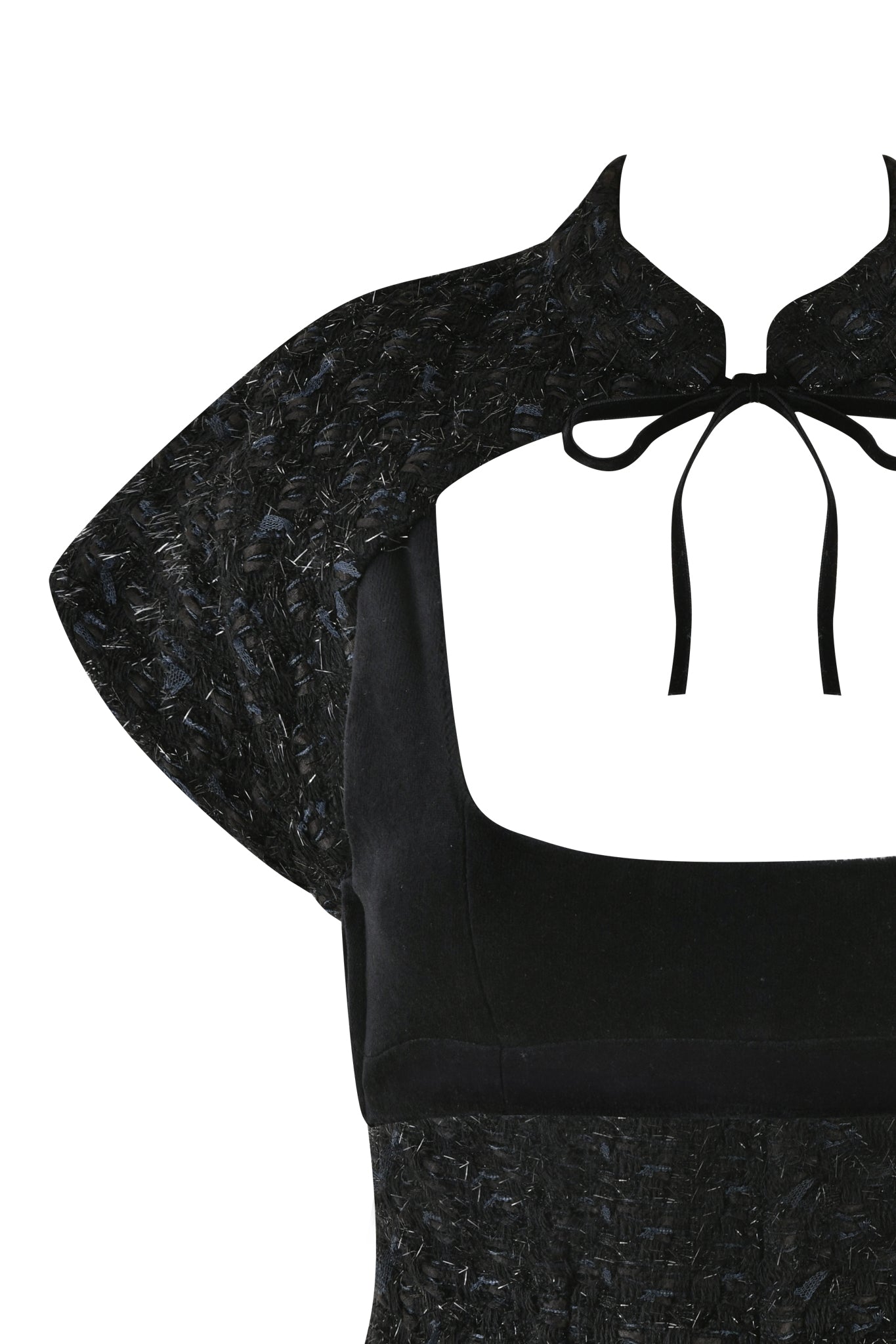 A close-up view of the I.AM.GIA SAFFRON 3 PIECE CORSET in black, showcasing its square neckline, cutout detail with a bow tie at the neck, and short, structured sleeves with a boucle pattern. This piece boasts a modern, stylish design through its unique combination of fabrics.