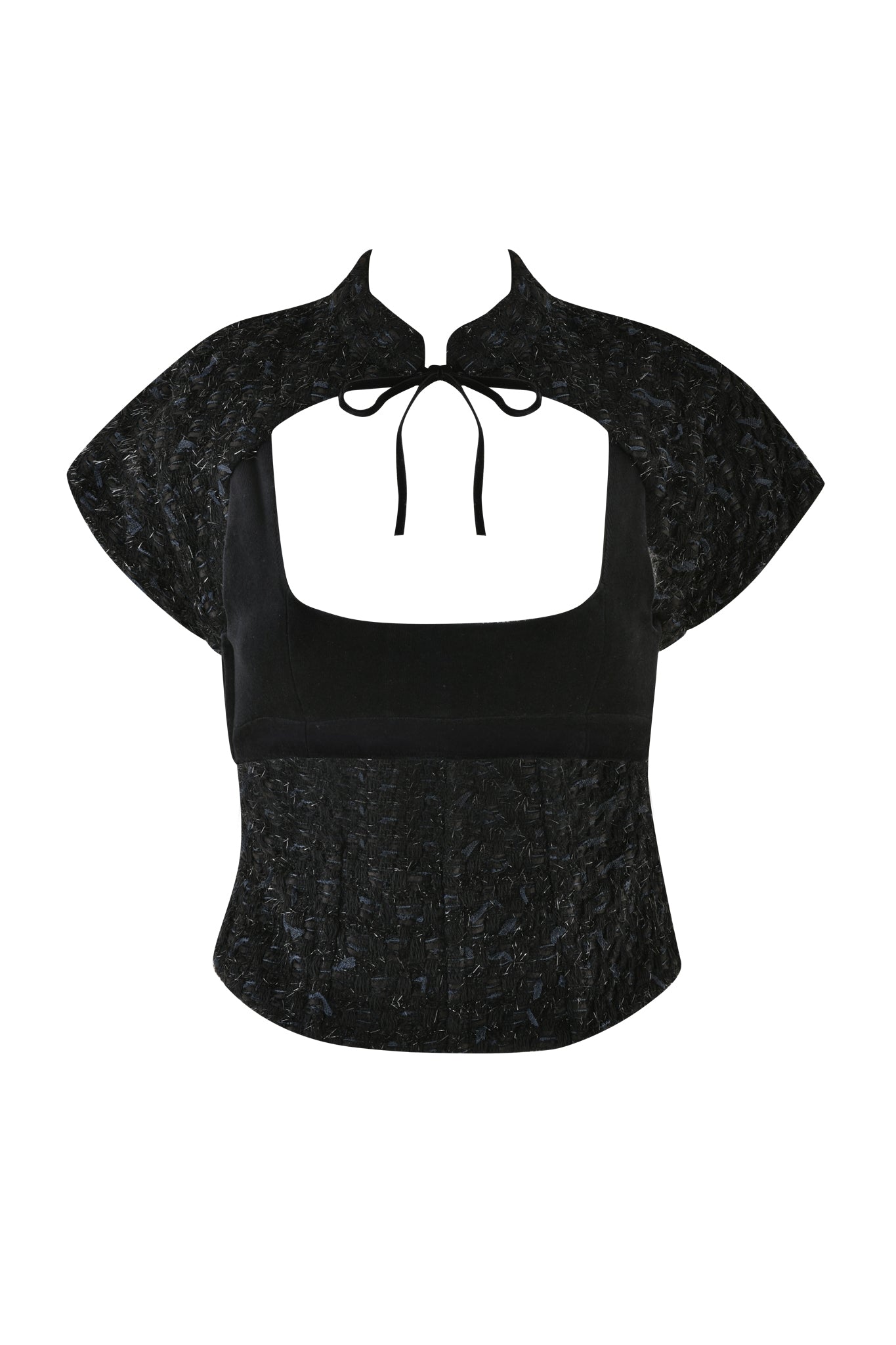 The SAFFRON 3 PIECE CORSET in black from I.AM.GIA features short, wide sleeves, a square neckline, and a high collar tied with a bow at the front. The boucle fabric has a textured, patterned design.