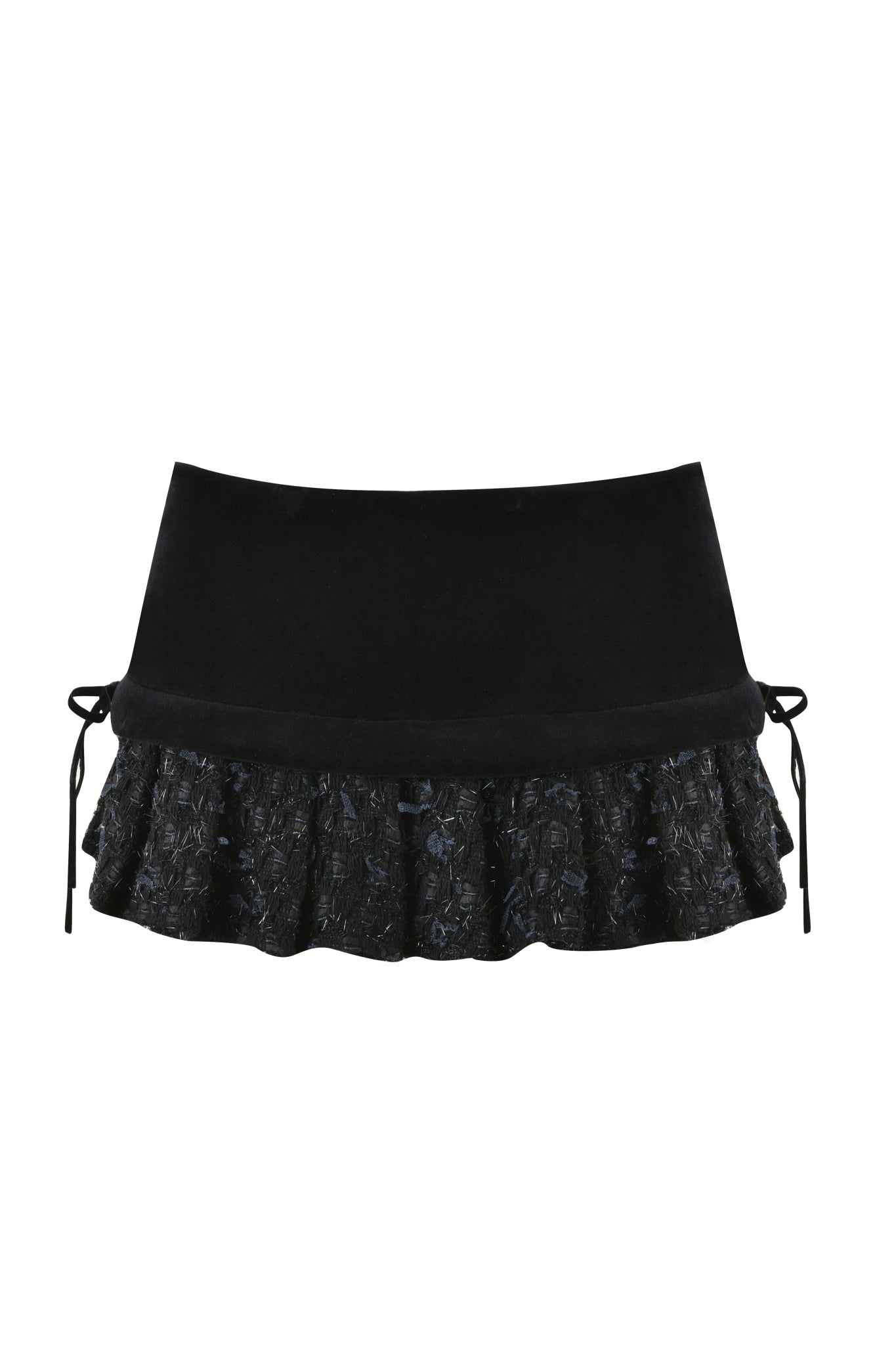 The SAFFRON SKORT - BLACK by I.AM.GIA is a black women's mini skort with a high-waisted design. It features a bottom hem adorned with ruffled floral lace trim and thin drawstring ties on each side for added decorative flair.
