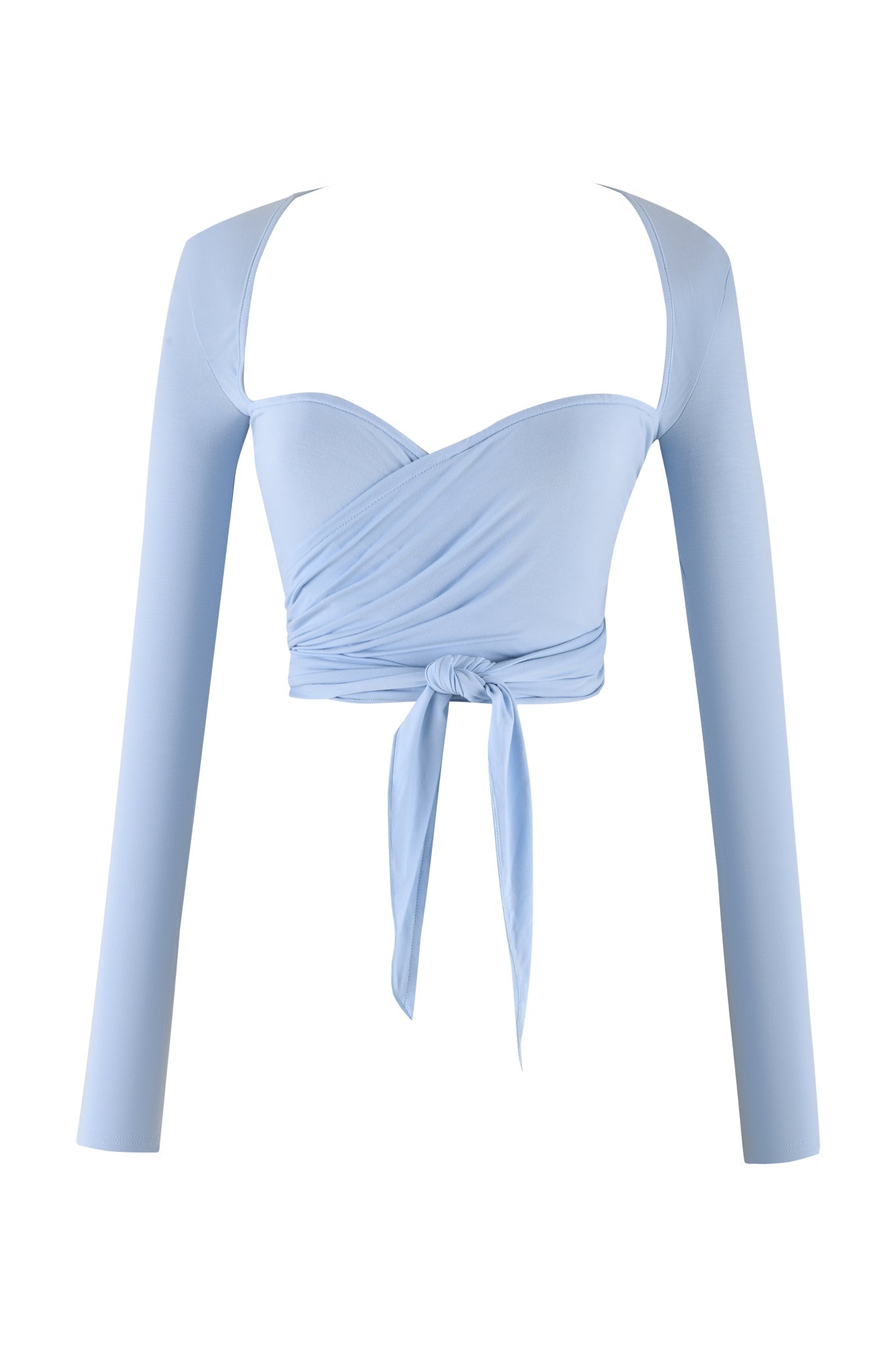 The AMRIA TOP - BLUE from I.AM.GIA, in a stunning powder blue shade, features an off-the-shoulder design and long sleeves. This bodycon fit crop top is adorned with a front tie knot that creates elegant pleats around the chest area. Notably, the image only shows one sleeve, showcasing its chic asymmetrical style.