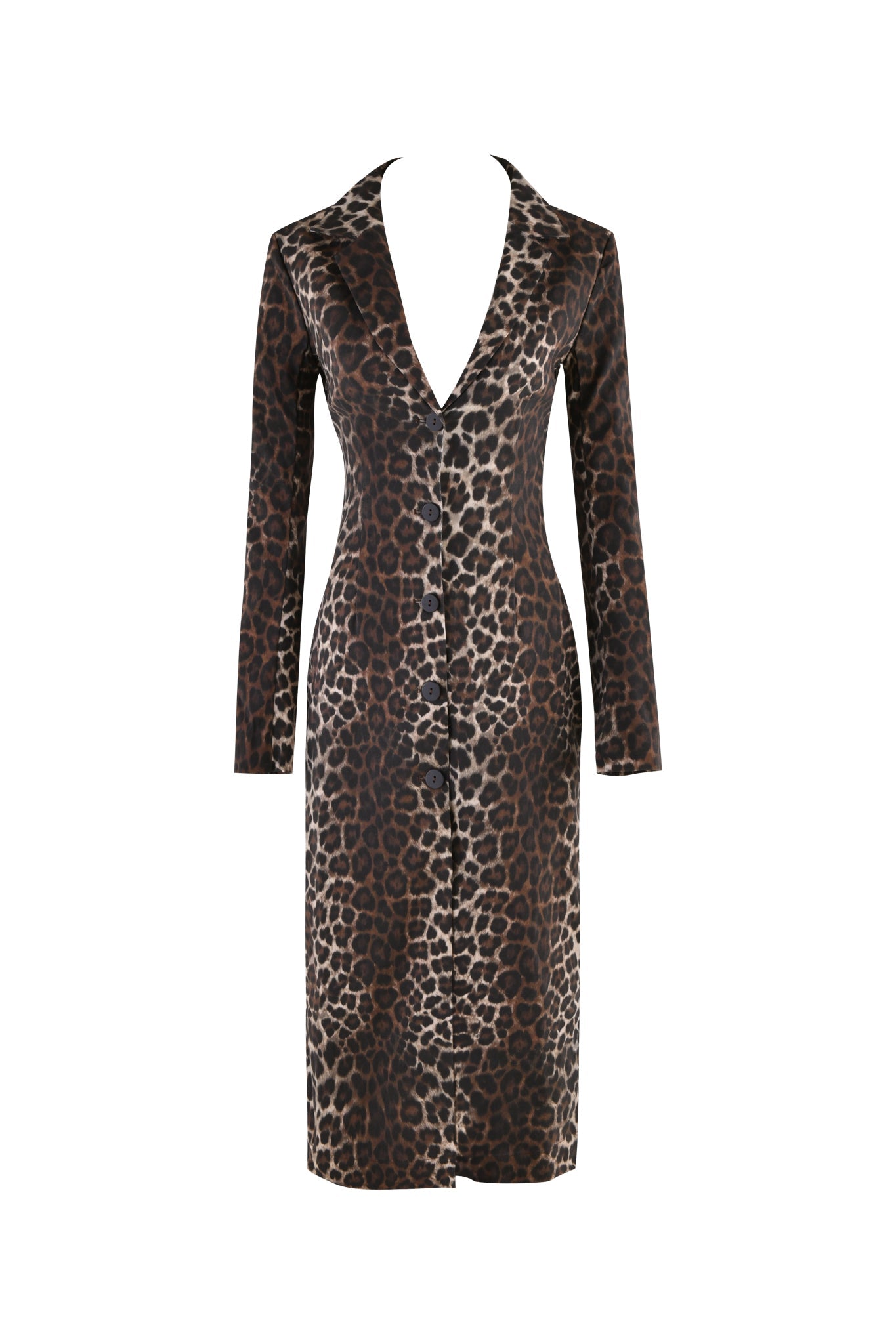 A standout piece from I.AM.GIA, the UMA COAT - NEUTRAL : LEOPARD features a form-fitting design with long sleeves and a deep v-neckline in an eye-catching leopard print pattern. This coat is designed with a button-down front and knee-length hemline, perfect for achieving an effortlessly chic look.