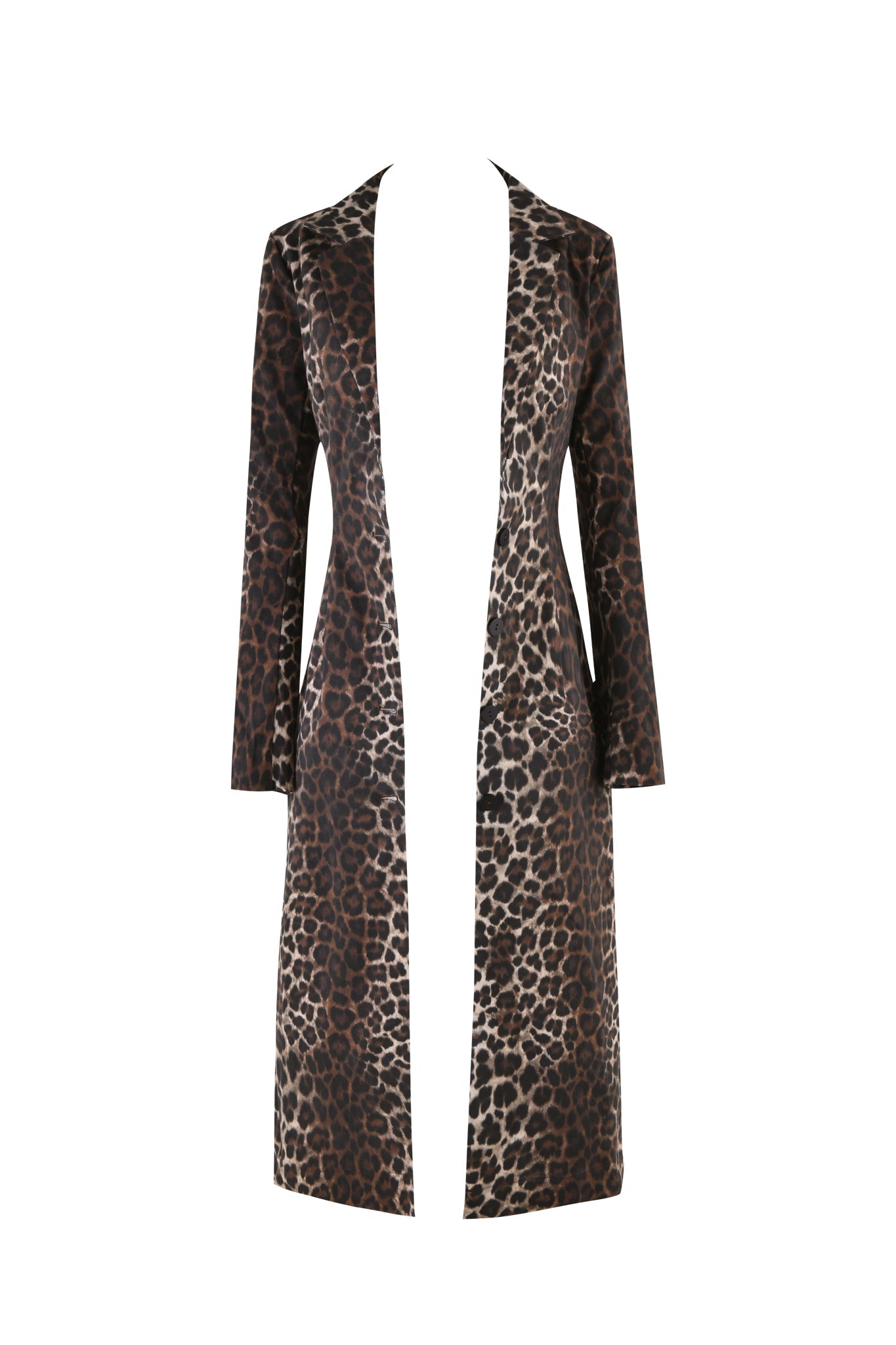 The I.AM.GIA UMA COAT - NEUTRAL : LEOPARD is an exclusive piece featuring a sleek, collarless neckline and long sleeves, extending below the knees. This tailored midi jacket showcases a striking leopard print pattern in shades of brown and black.
