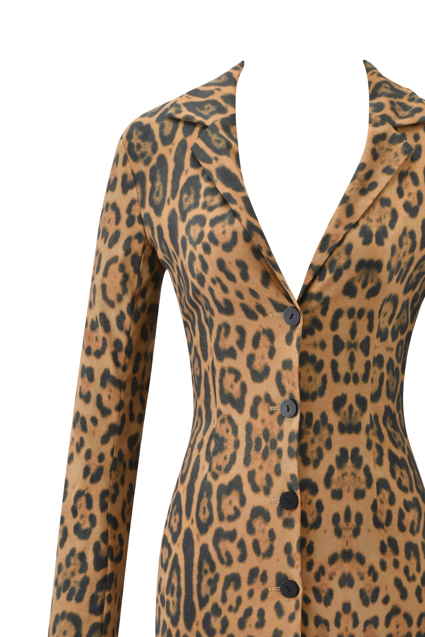 A close-up of the UMA COAT - PANTHERA by I.AM.GIA, a long-sleeved, button-down coat with a tan and black leopard print, deep V-neckline, and black buttons. Shown against a plain white background.