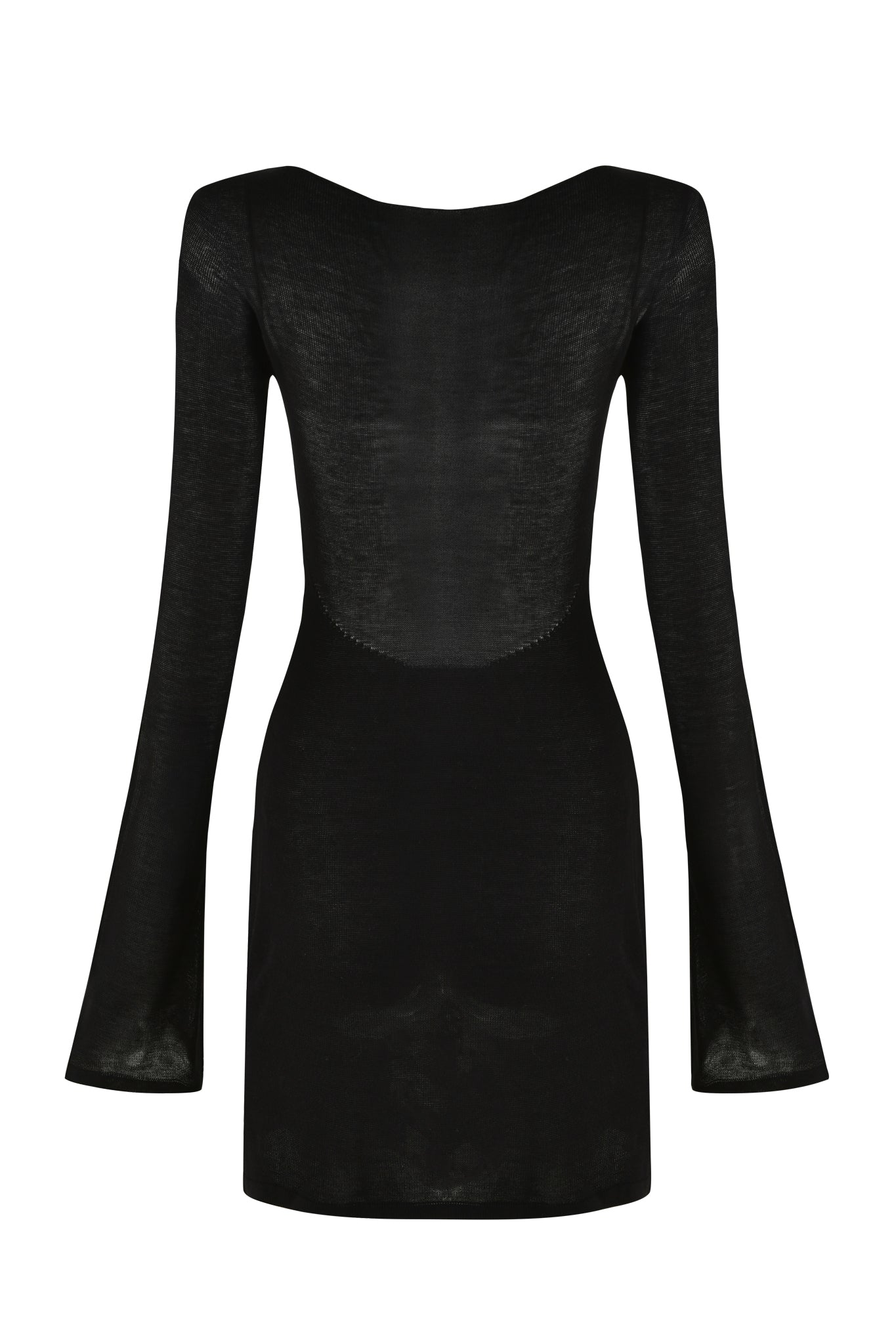 The VIOLET KNIT DRESS - BLACK by I.AM.GIA is showcased against a white background. This long-sleeved, mini length dress features an A-line silhouette, fitted bodice, and slightly flared skirt. It comes with a rounded neckline and flared cuffs on the sleeves. The material appears lightweight and sheer.