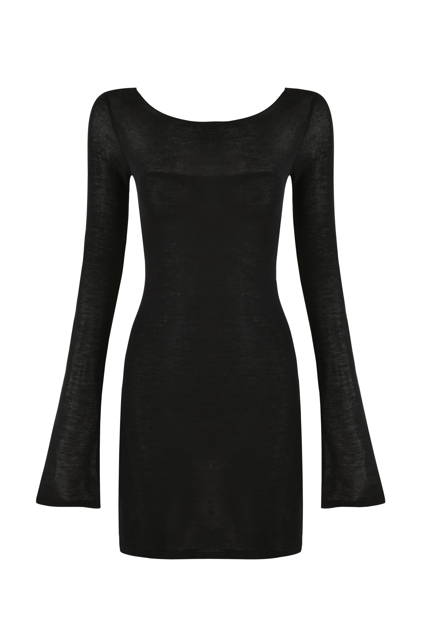 The VIOLET KNIT DRESS - BLACK from I.AM.GIA is a fitted, black long sleeve dress with a scoop neckline. This mini length piece features slightly flared sleeves and a smooth, minimalistic look, extending to mid-thigh. Crafted from lightweight knit fabrication, it offers a delicate texture.