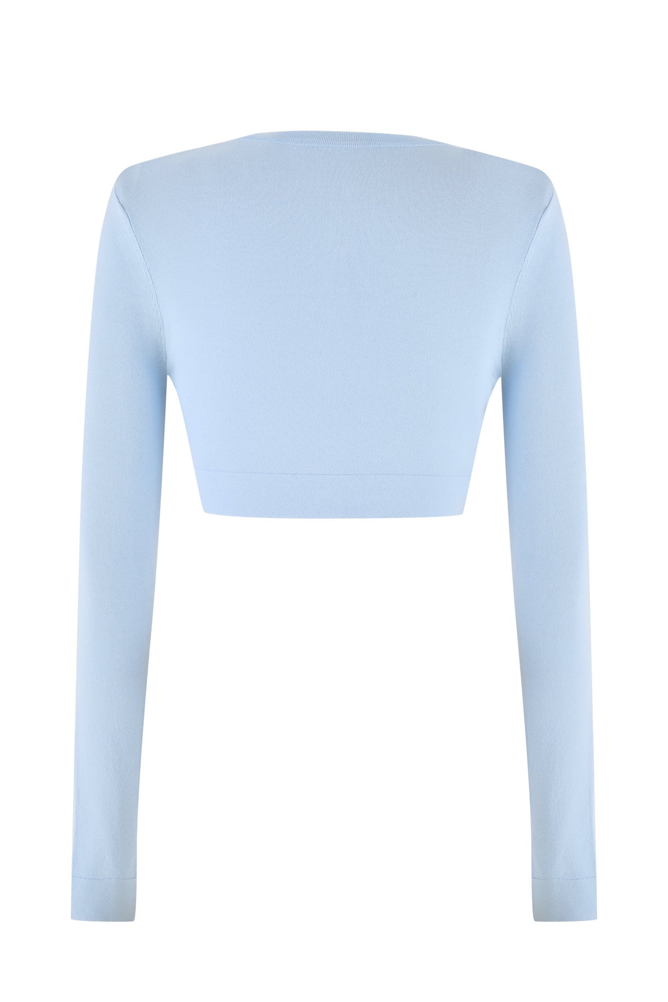 The AUDRINA CARDIGAN - BLUE in powder blue, from the brand I.AM.GIA, is showcased against a white background. It features a bodycon fit with a wide neckline and boasts a simple, clean design free of patterns or embellishments. The back view highlights the seamless and true knit fabrication of the garment.