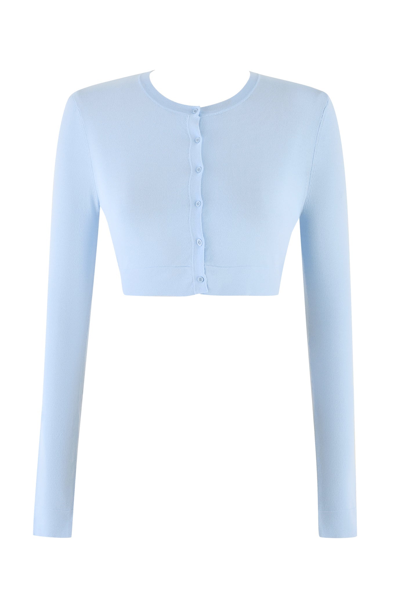 The AUDRINA CARDIGAN - BLUE from I.AM.GIA, in a powder blue hue, is a baby blue, long-sleeve cropped cardigan featuring a round neckline and a row of buttons down the front. Crafted from true knit fabric that feels soft and slightly stretchy, it offers a snug, bodycon fit. This waist-length cardigan stylishly exposes the midriff.