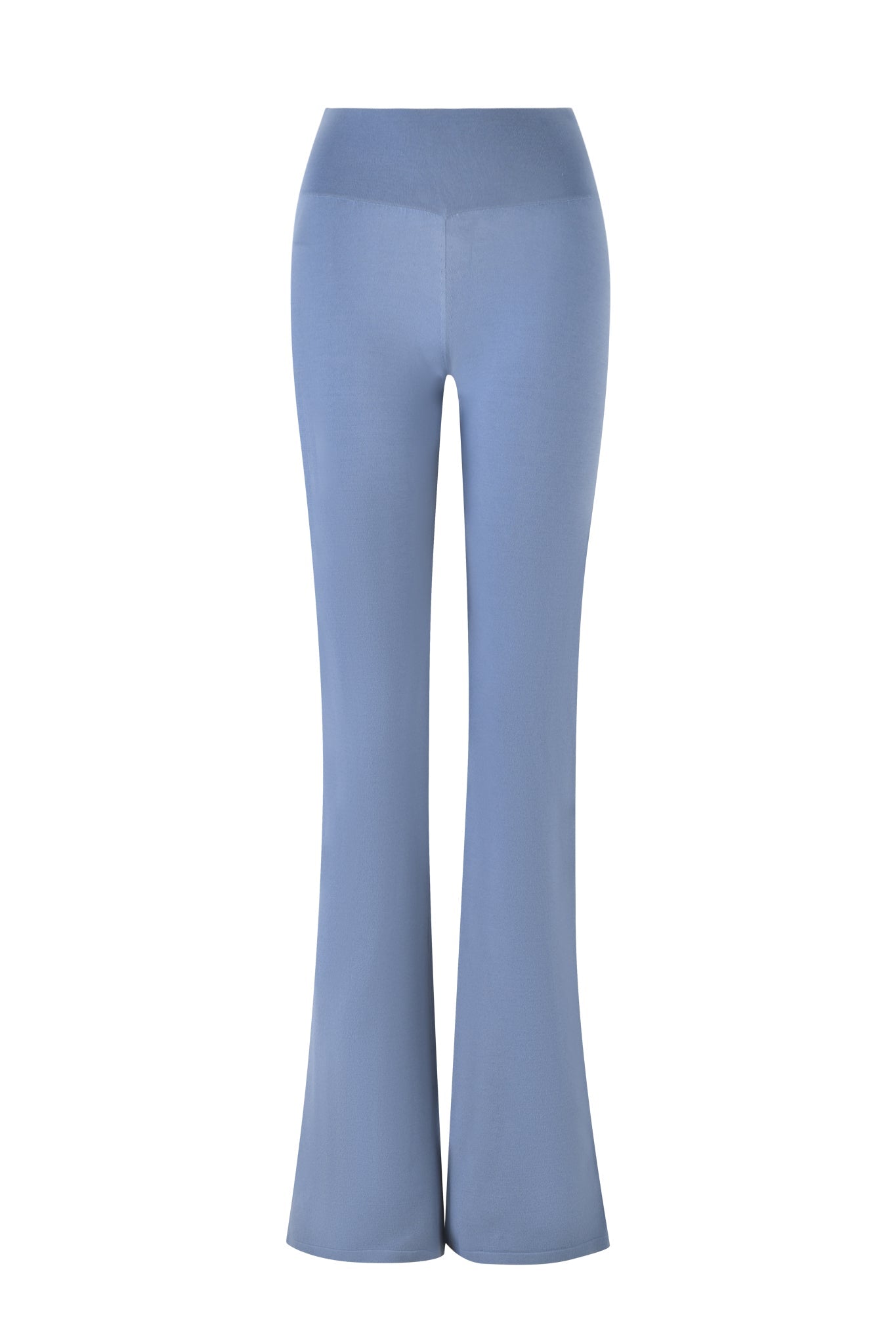 Steel blue Audrina Pant by I.AM.GIA showcased front view, highlighting the knit fabrication and high-waisted flare design.