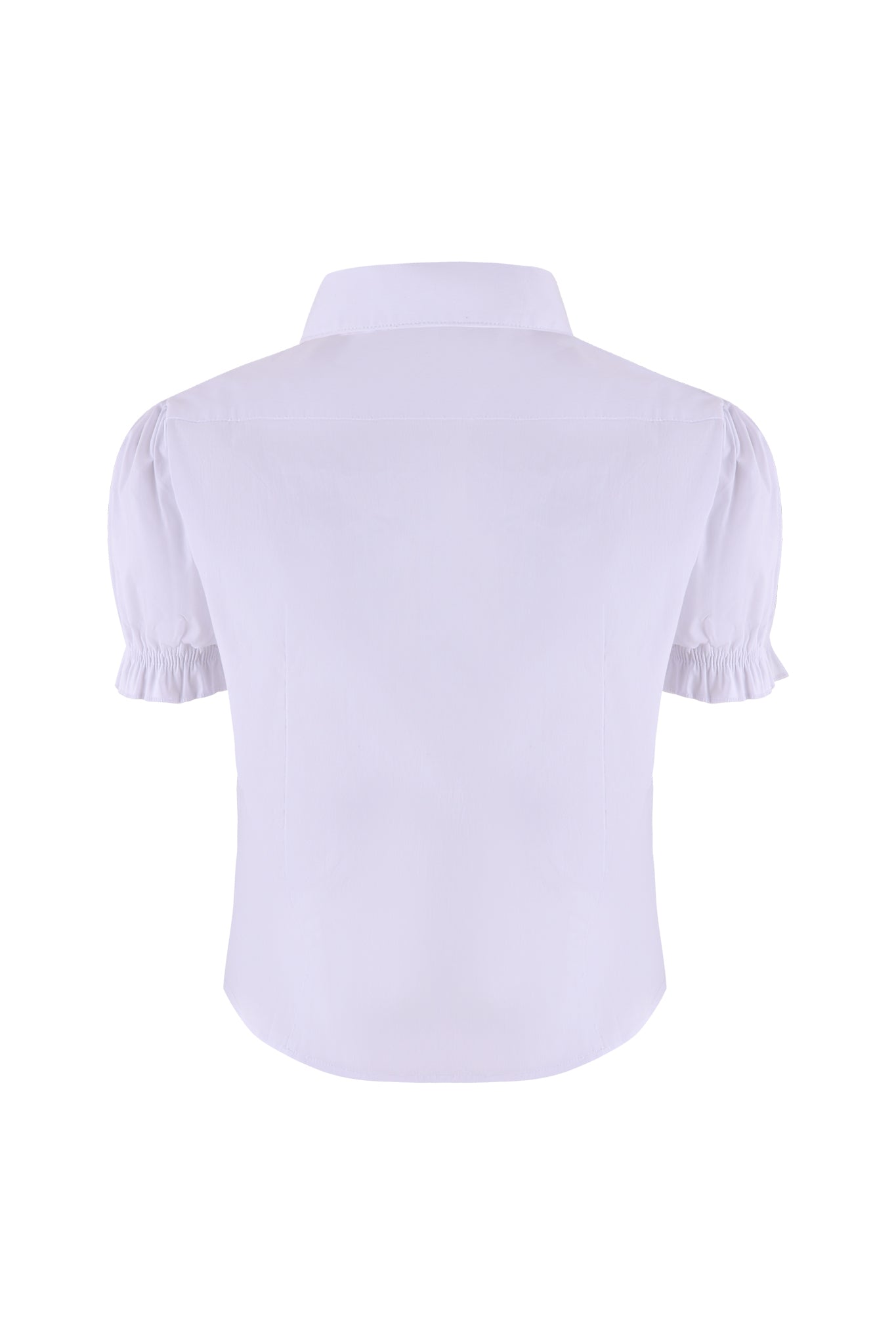 A close-up of the EDIE TOP - WHITE by I.AM.GIA, showcasing its button-down front adorned with plain white buttons. The blouse features a classic pointed collar and puff short sleeves that are slightly gathered with elasticized hems. Its smooth and lightweight fabric highlights the tailored fit beautifully.