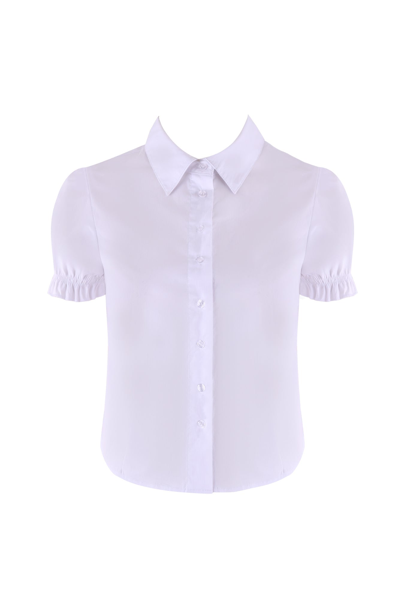 A close-up of the EDIE TOP - WHITE by I.AM.GIA, showcasing its button-down front adorned with plain white buttons. The blouse features a classic pointed collar and puff short sleeves that are slightly gathered with elasticized hems. Its smooth and lightweight fabric highlights the tailored fit beautifully.