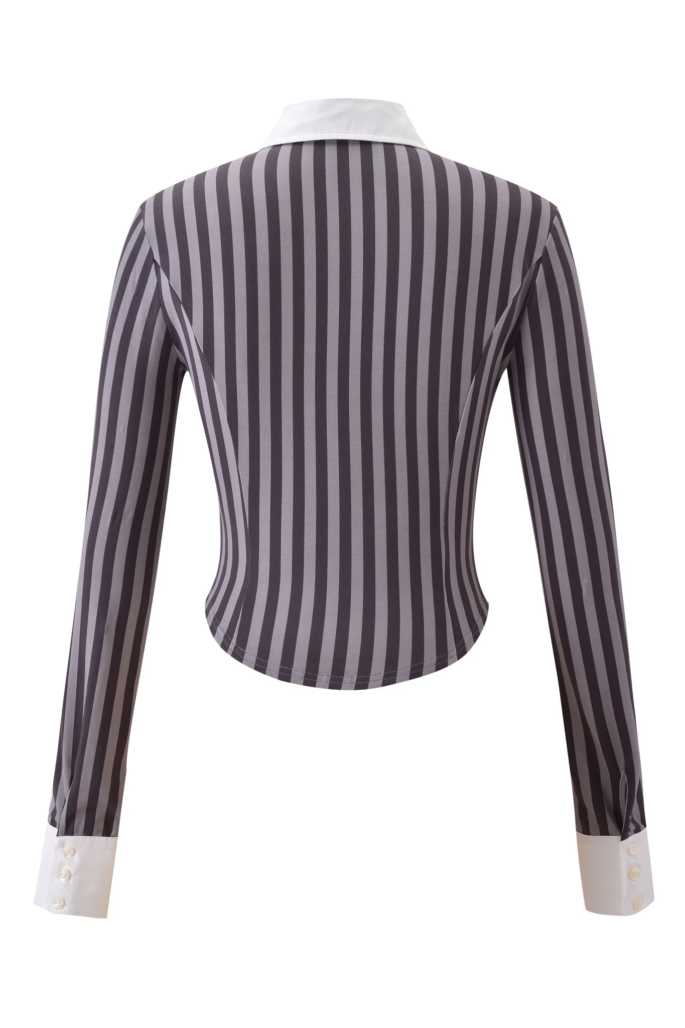 The JULIA TOP - GREY STRIPE by I.AM.GIA is a fitted long-sleeve blouse with grey vertical stripes, crisp white buttoned cuffs, and a white collar, shown from the back.