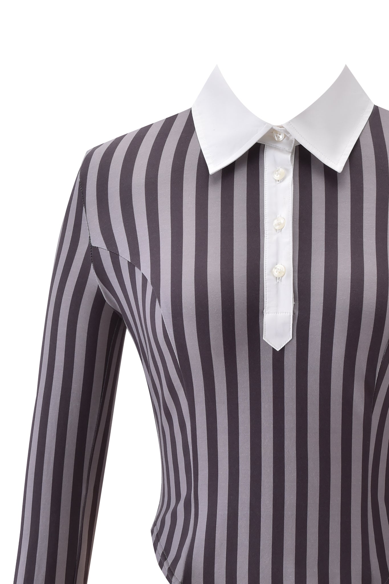 The JULIA TOP - GREY STRIPE by I.AM.GIA is a long-sleeved shirt with grey stripes, a white pointed collar, button placket, and a sleek bodycon fit, shown on a mannequin.