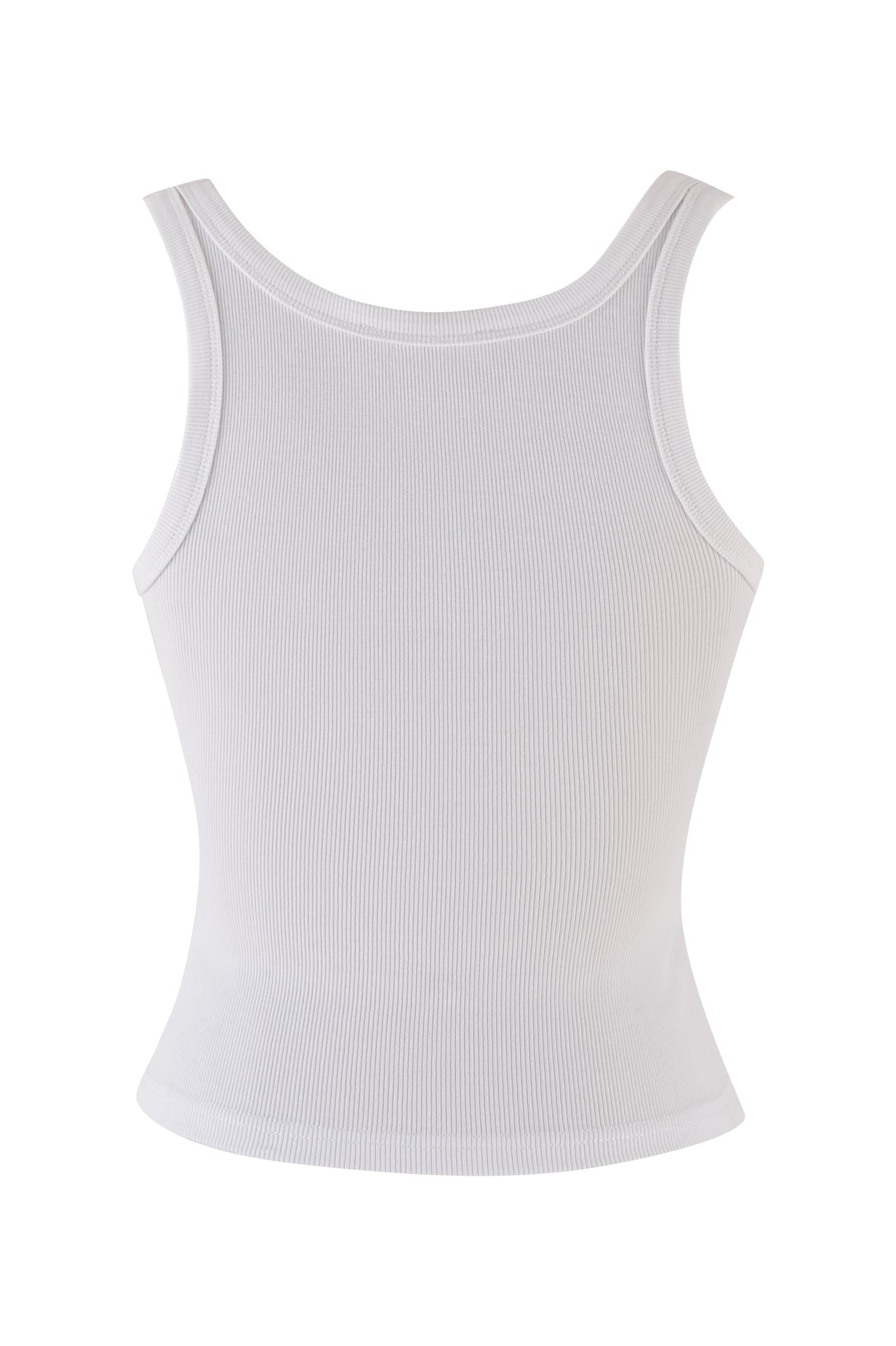 The COLE TANK 2.0 - WHITE:DIAMONTE by I.AM.GIA, viewed from the back, features a scoop neckline and is fitted closely to the body with a slight flare at the hem. The lightweight, stretchy rib knit fabric showcases a subtle bodycon silhouette.