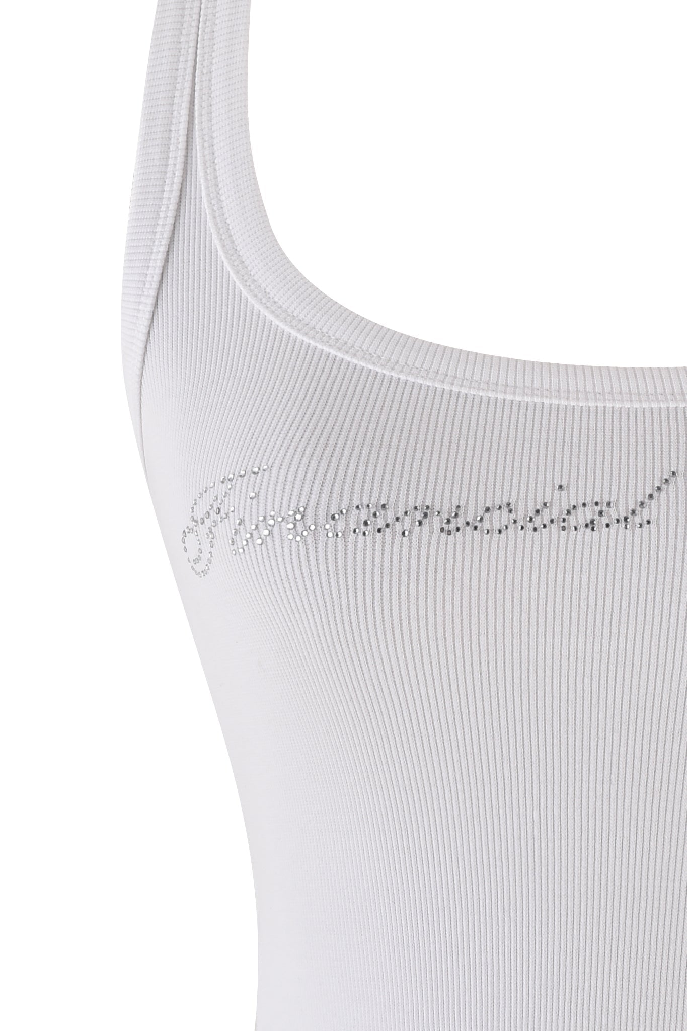 Close-up of the COLE TANK 2.0 - WHITE:DIAMONTE by I.AM.GIA, a white rib knit tank top with the word "favorite" written in small rhinestones along the chest area. The tank top features thin straps, a scoop neckline, and embodies a bodycon silhouette for a flattering fit.