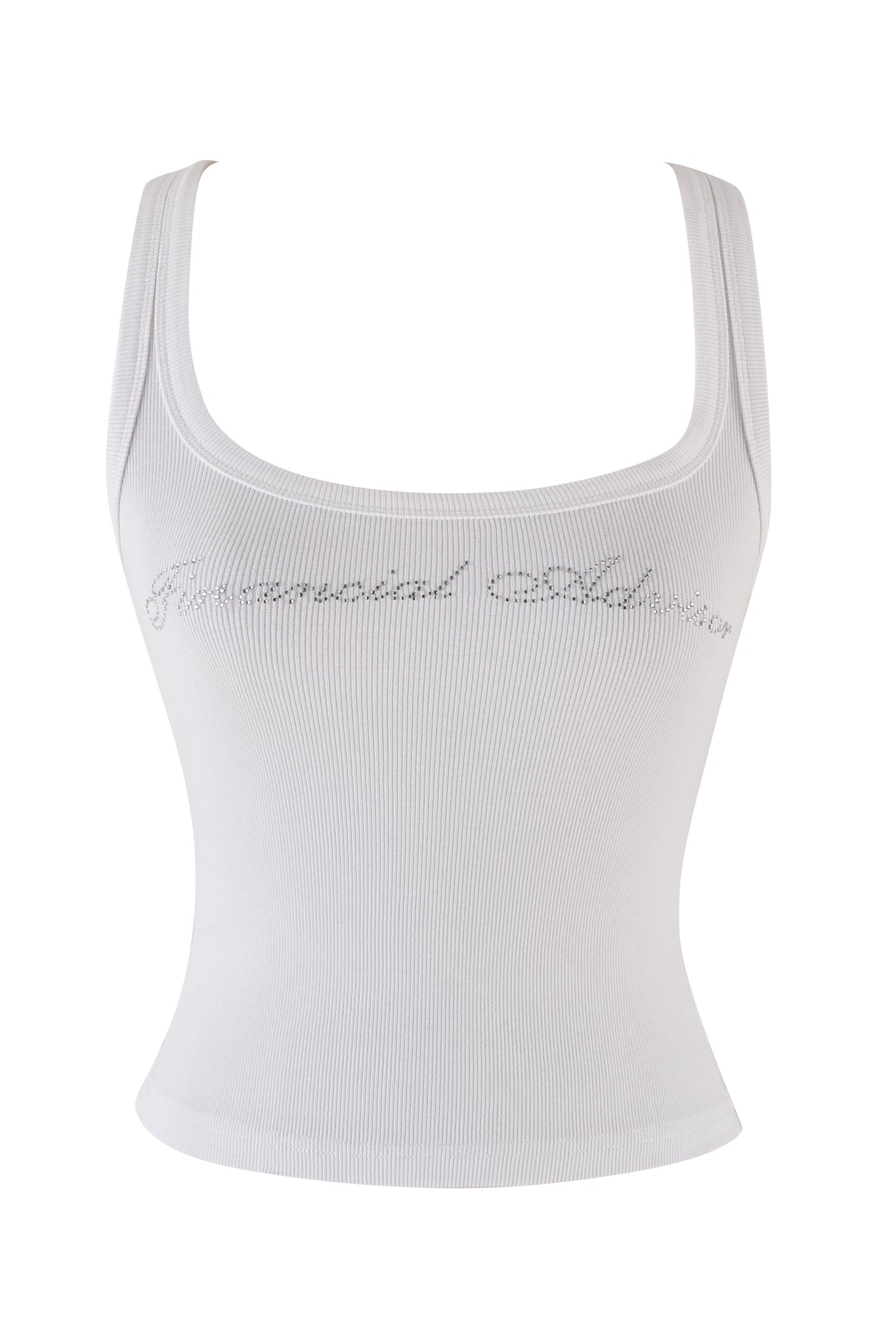 The COLE TANK 2.0 - WHITE:DIAMONTE by I.AM.GIA is a rib knit tank top featuring a wide square neckline and slender shoulder straps. The front is adorned with a subtle, cursive embroidered design in white thread, adding a minimalist and elegant touch. The fabric is soft and slightly stretchy, enhancing the bodycon silhouette seamlessly.
