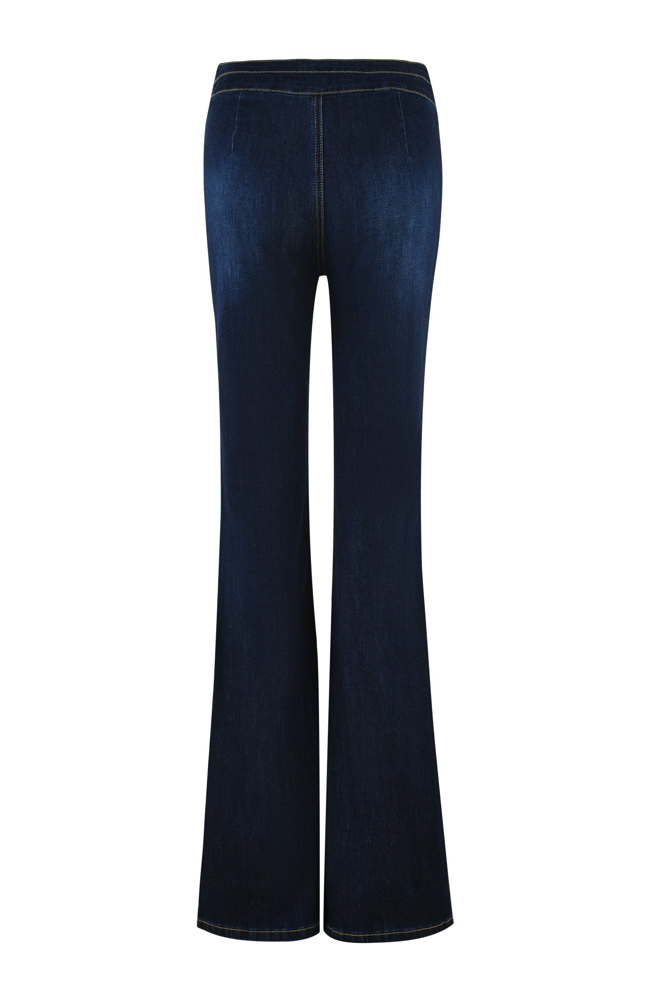 Back view of the ELLENA JEAN 2.0 - BLUE : DARK WASH by I.AM.GIA, featuring a high waist and flared silhouette. The dark blue stretch denim material appears to be form-fitting with visible stitching along the seams. Pockets are not visible from this angle.