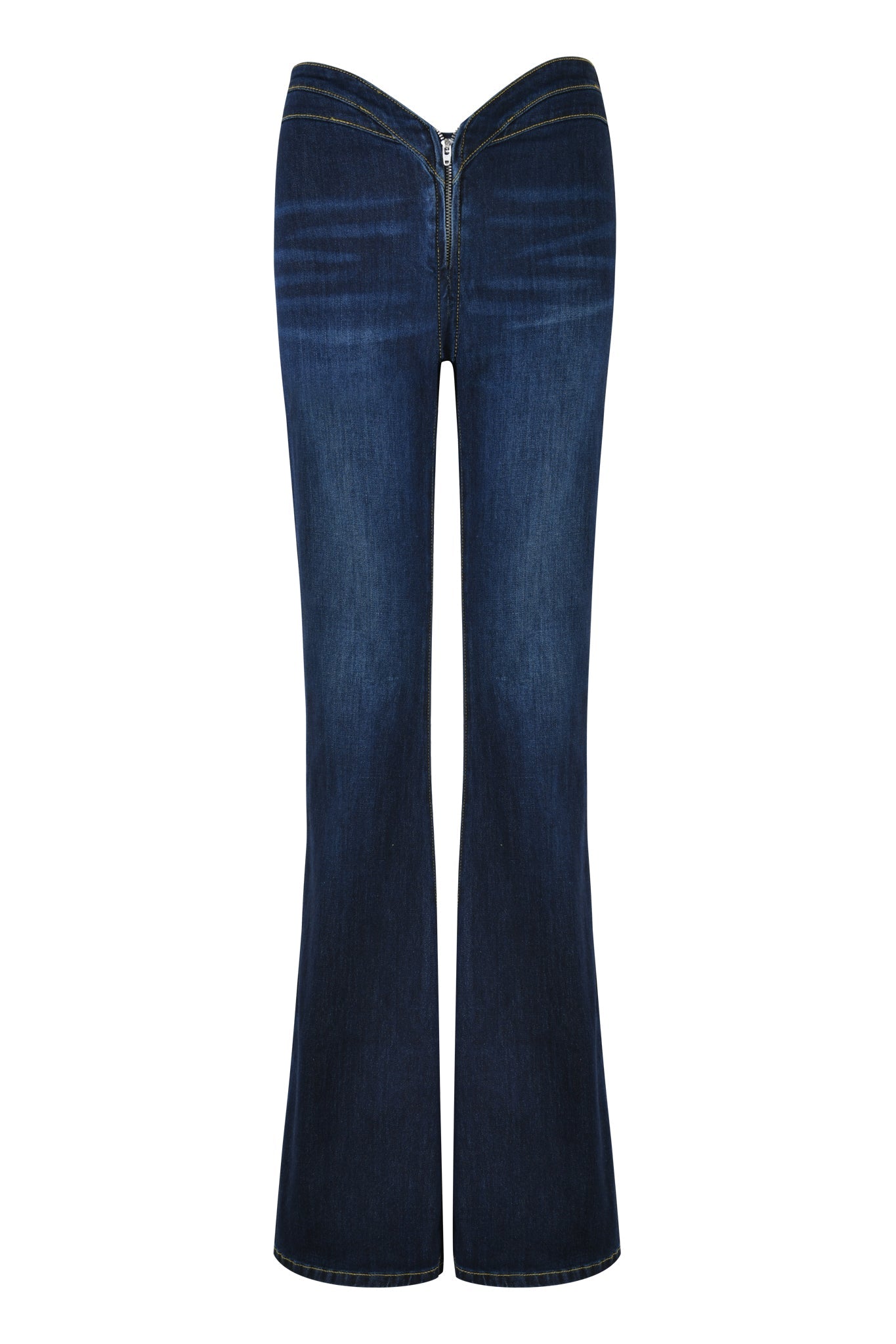 The ELLENA JEAN 2.0 - BLUE : DARK WASH from I.AM.GIA are high-waisted, dark denim jeans with flared legs, displayed against a plain white background. They feature a front zipper and button closure, along with visible stitching details on the pockets and seams.