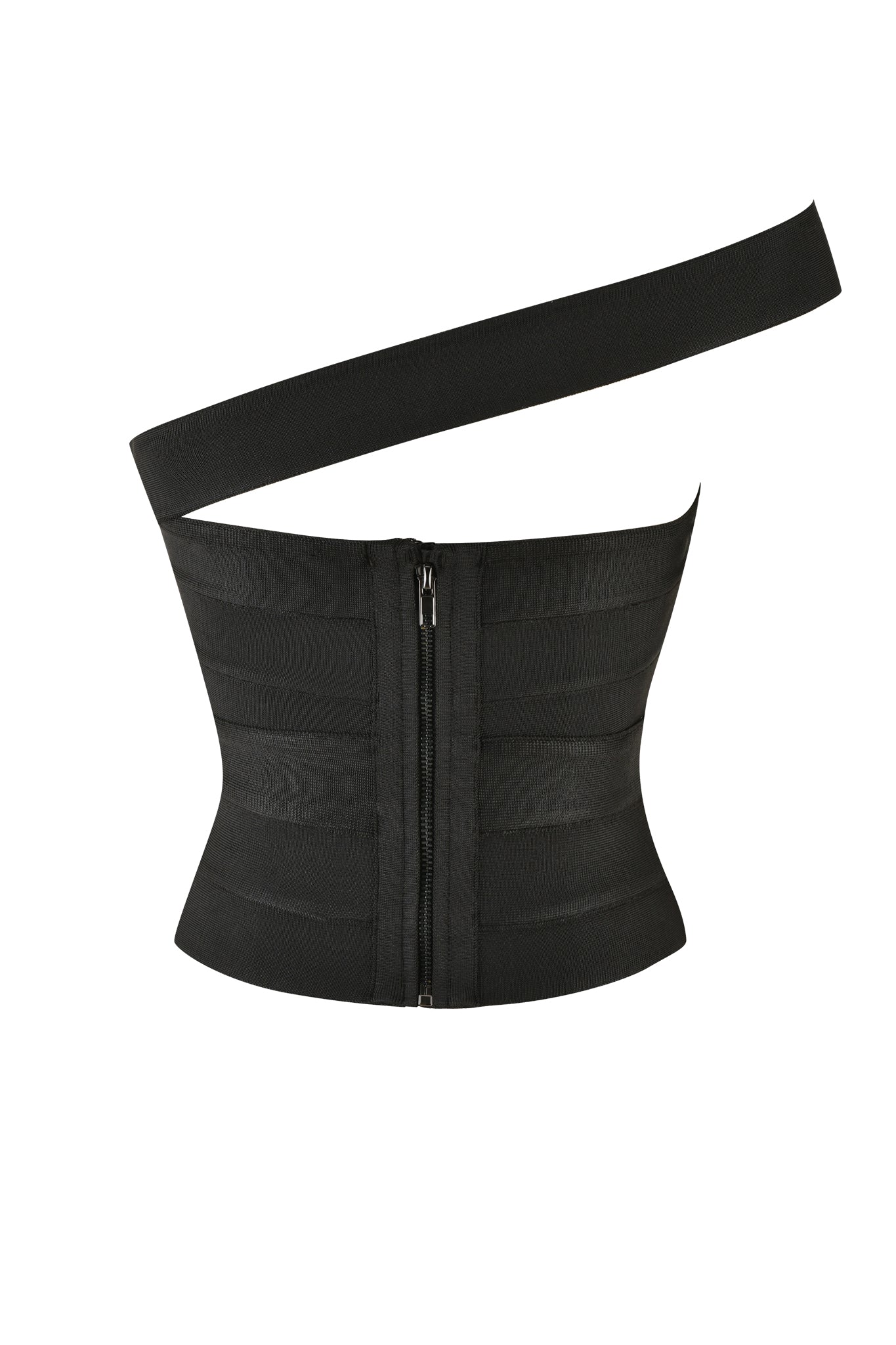 The FLAVIA TOP - BLACK by I.AM.GIA features an asymmetrical, one-shoulder corset design with vertical ribs for added structure and a central front zipper. The wide shoulder strap sits diagonally, enhancing the sleek silhouette with a modern touch that complements the classic hourglass shape.