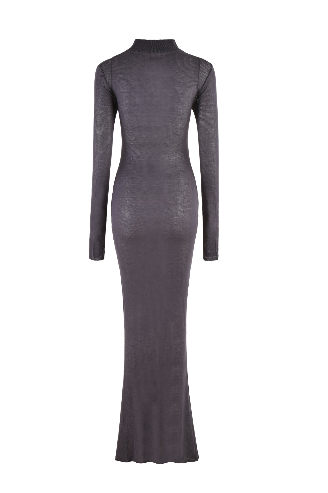 The STORM MAXI DRESS - GREY by I.AM.GIA is showcased from the back, featuring long sleeves and a high neckline. The floor-length dress boasts a mermaid silhouette, with smooth, slightly sheer fabric that closely contours the body shape.